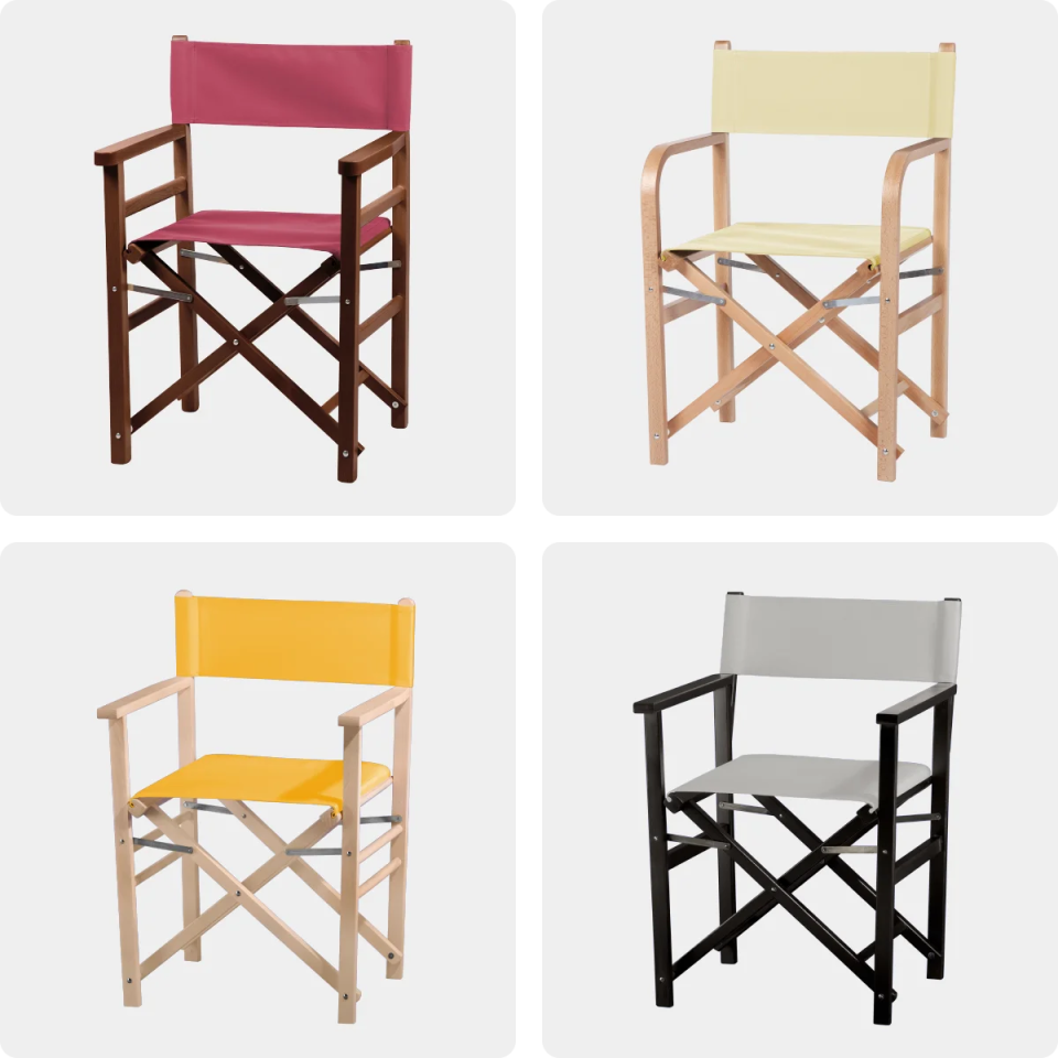 Vier Freisteller der Regiestühle Oscar, George, Woody, Billy in unterschiedlichen Farbkombinationen und auf hellem Hintergrund