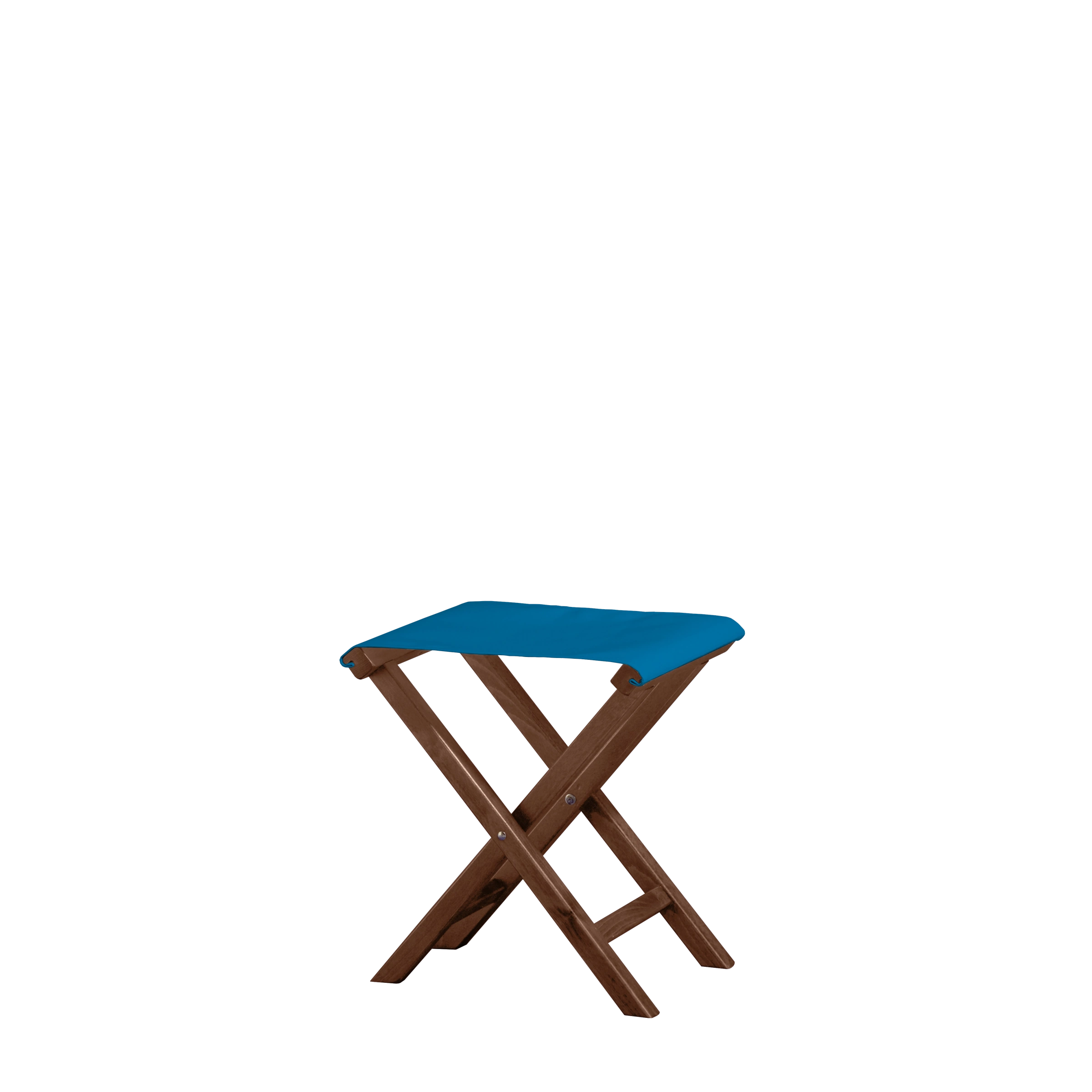 Beistellhocker Wim aus braunem Buchenholz mit blauem Bezug, Seitenansicht