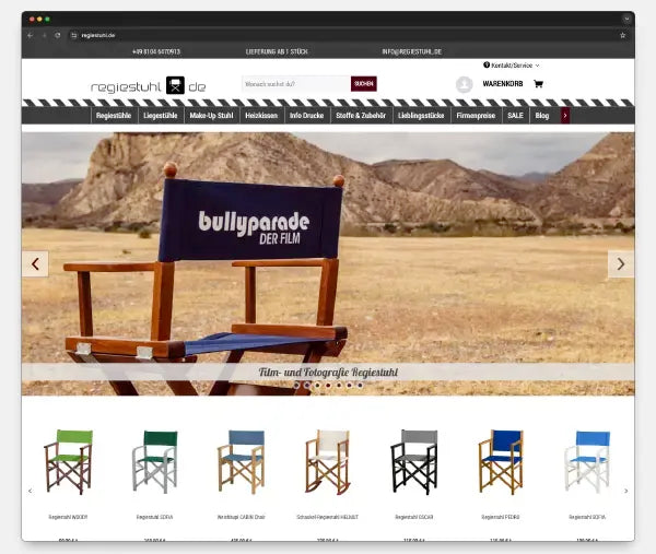 Screenshot des alten Regiestuhl.de Online-Shops mit prominentem Beispiel aus der Filmbranche – dem personalisierten Stuhl für “Bullyparade – Der Film”.