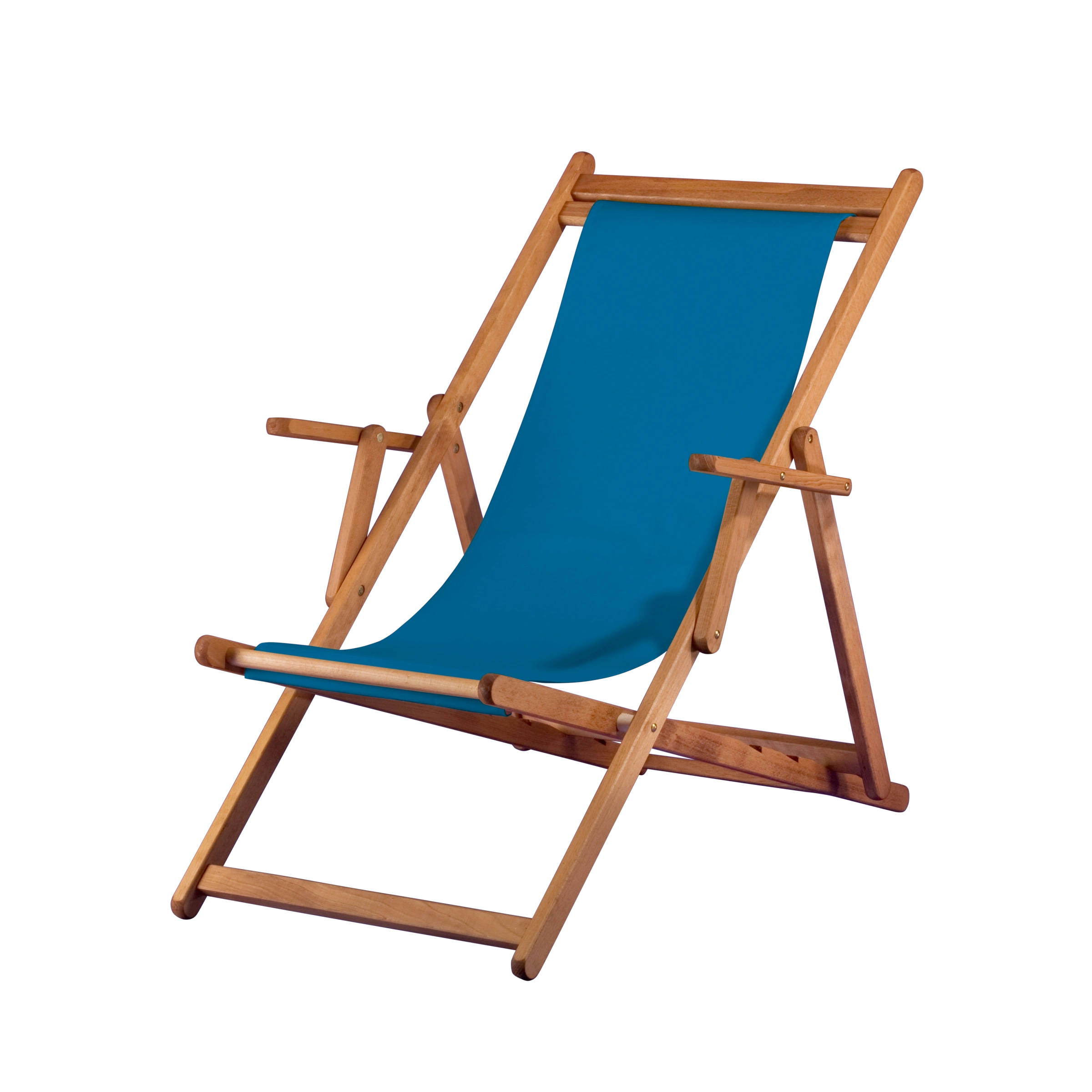 Liegestuhl Charly aus brandy geöltem Buchenholz mit blauem Bezug, Seitenansicht
#Classic | Liegefläche (Farbe)_blau