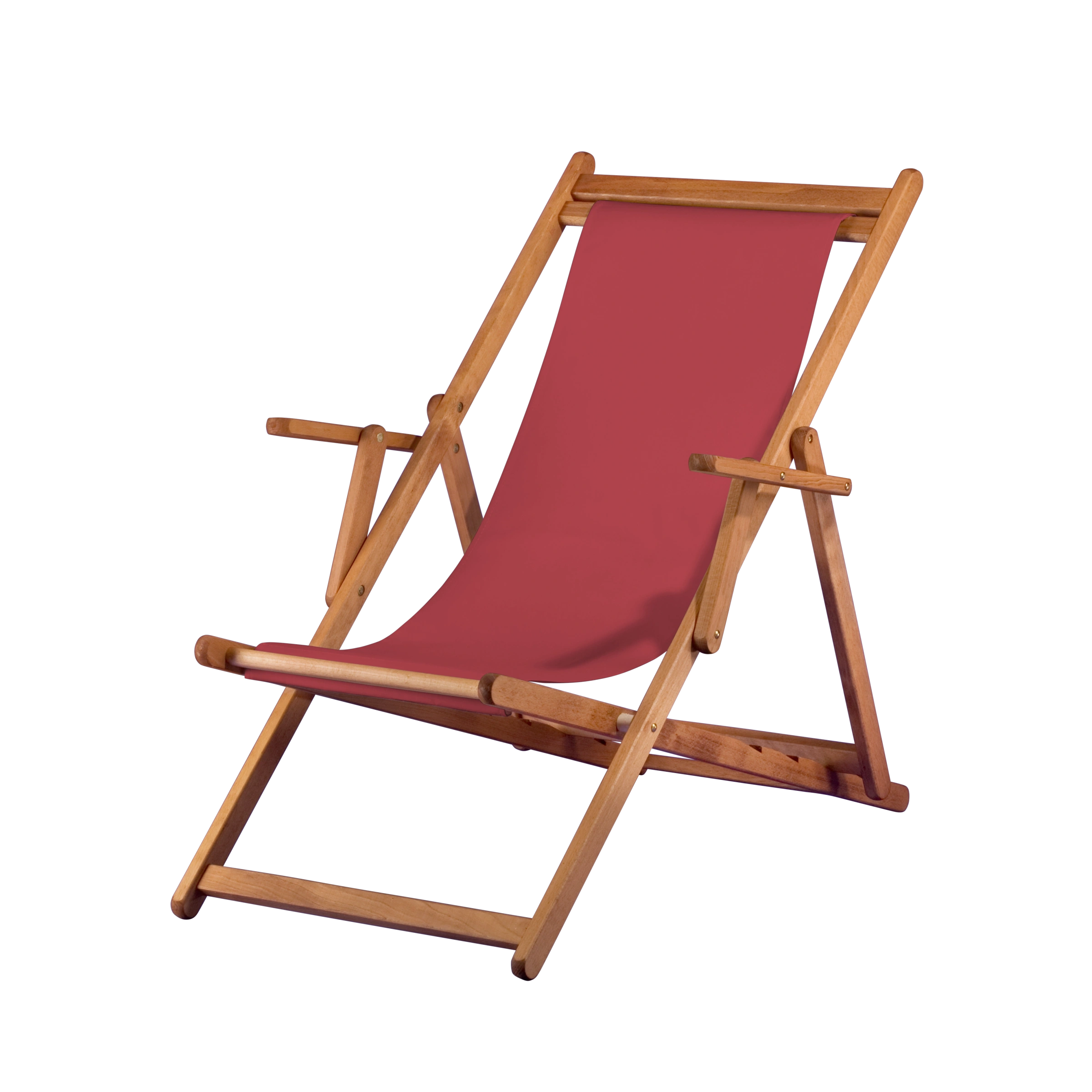 Liegestuhl Charly aus brandy geöltem Buchenholz mit rotem Bezug, Seitenansicht
#Classic | Liegefläche (Farbe)_rot