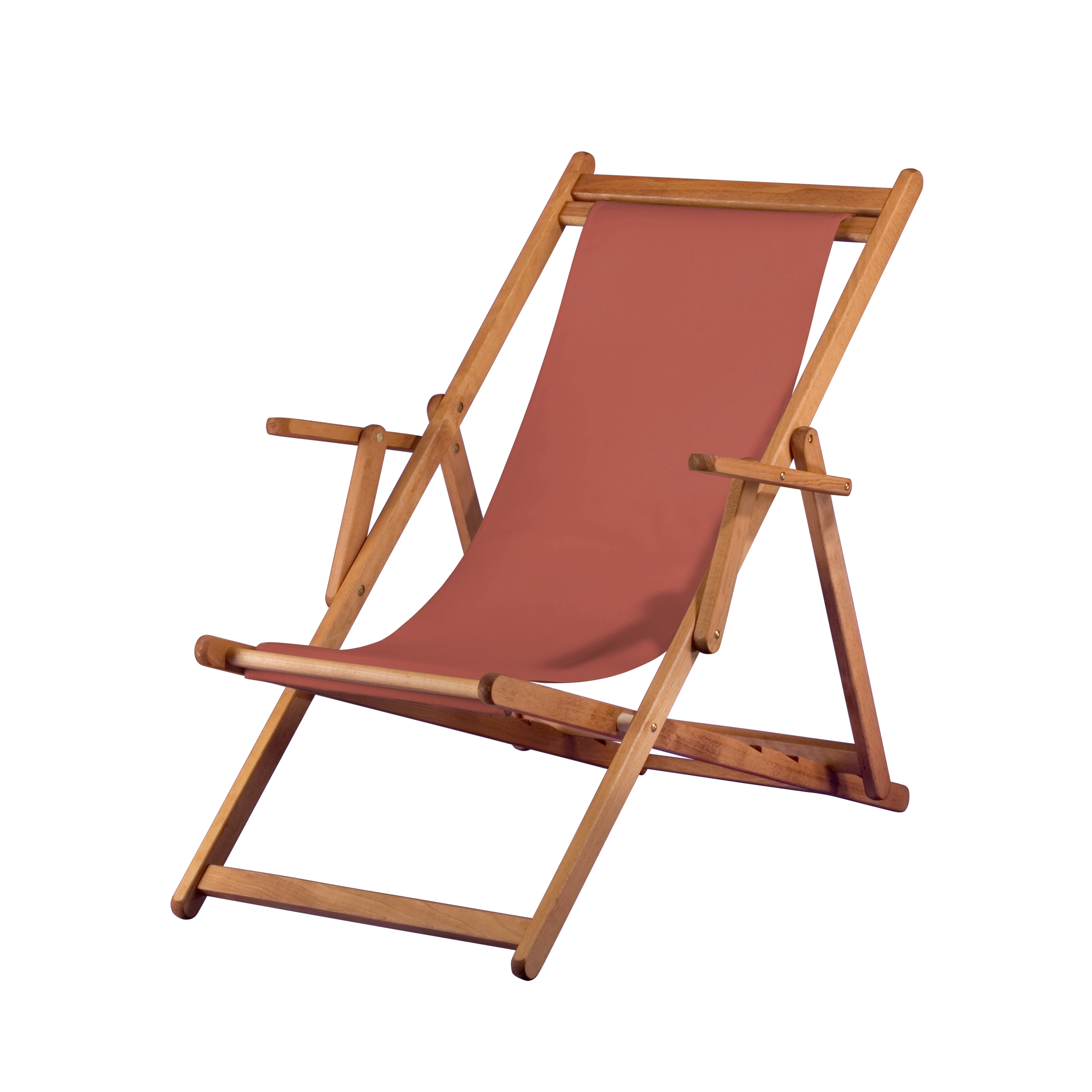 Liegestuhl Charly aus brandy geöltem Buchenholz mit Bezug in terracotta, Seitenansicht
#Classic | Liegefläche (Farbe)_terracotta