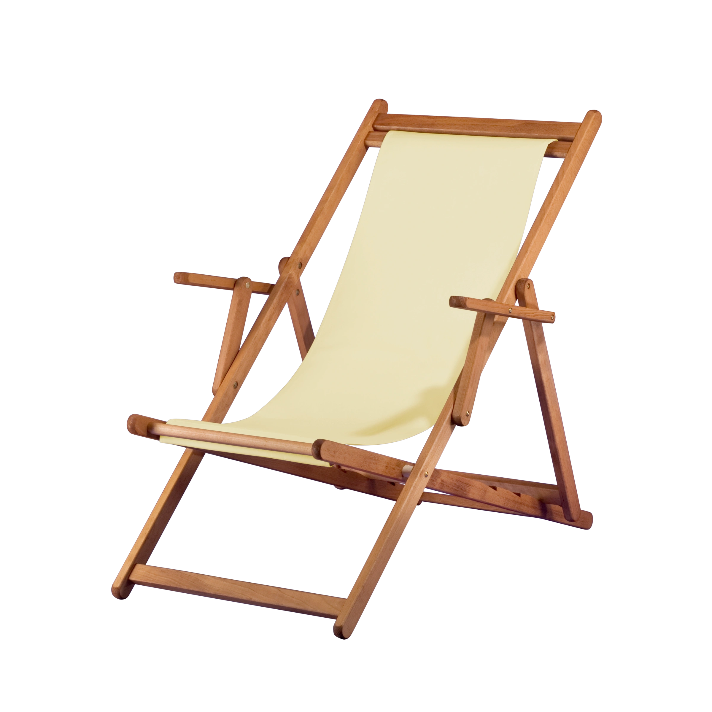 Liegestuhl Charly aus brandy geöltem Buchenholz mit Bezug in vanille, Seitenansicht
#Classic | Liegefläche (Farbe)_vanille