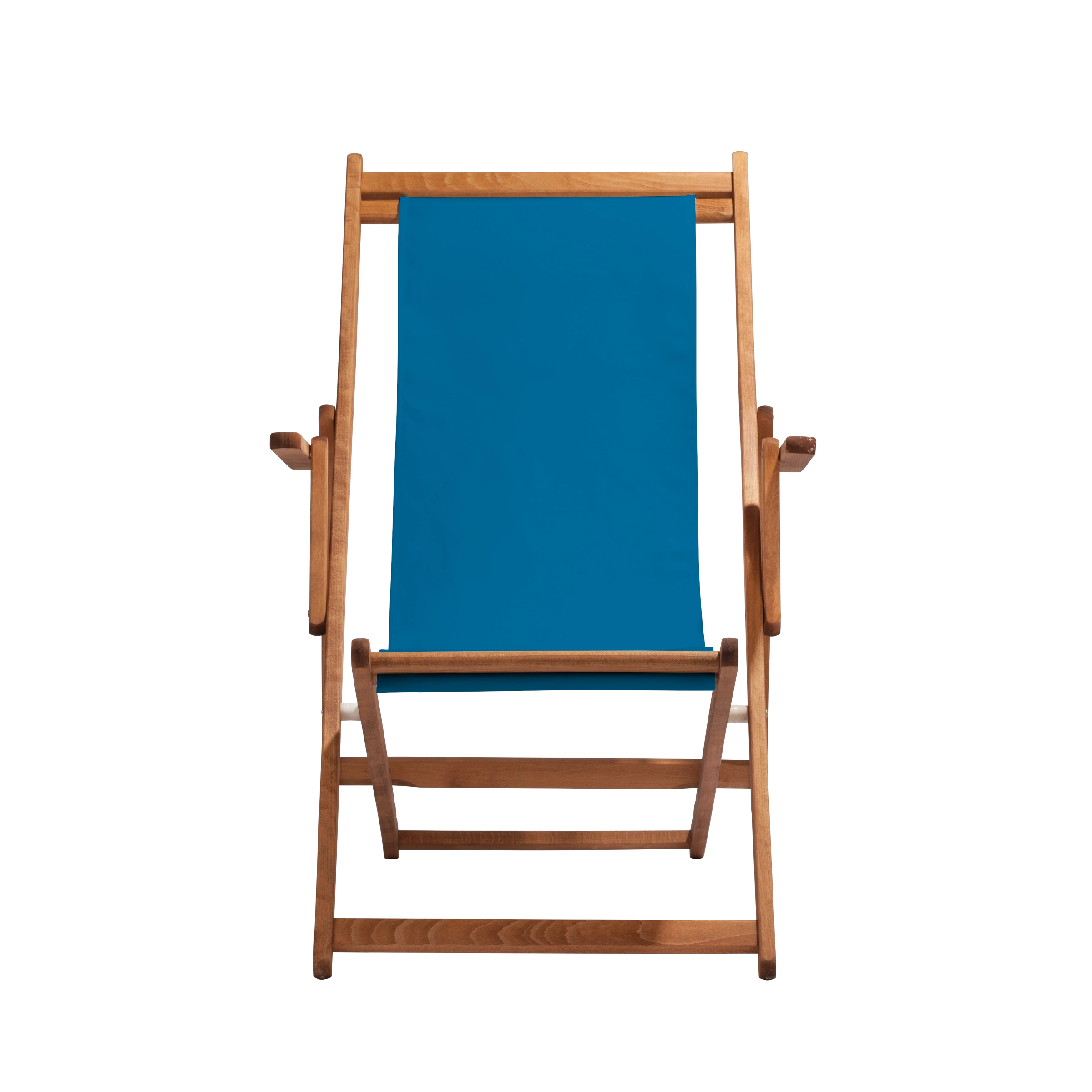 Liegestuhl Charly aus brandy geöltem Buchenholz mit blauem Bezug, Frontalansicht
#Classic | Liegefläche (Farbe)_blau