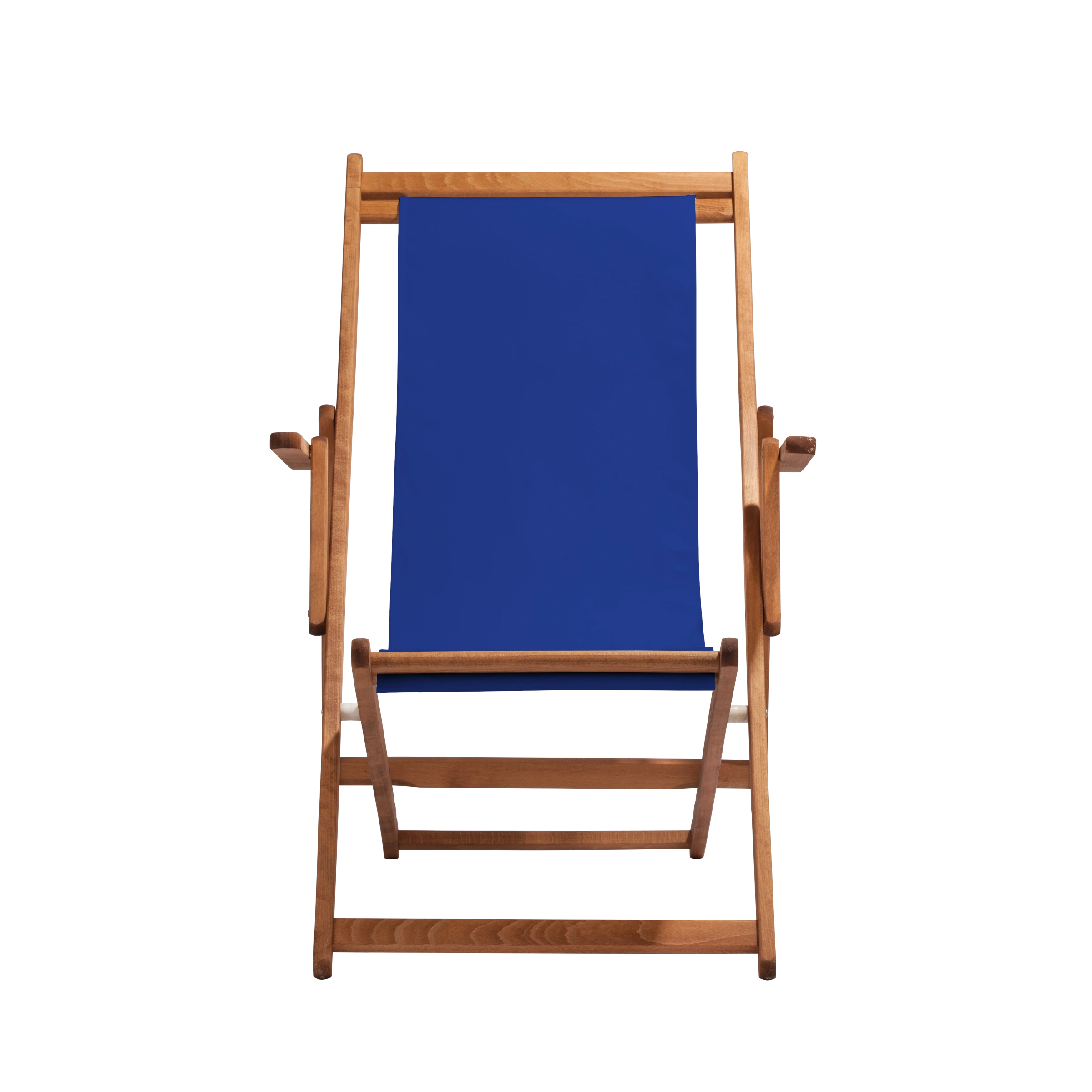 Liegestuhl Charly aus brandy geöltem Buchenholz mit dunkelblauem Bezug, Frontalansicht
#Classic | Liegefläche (Farbe)_dunkelblau