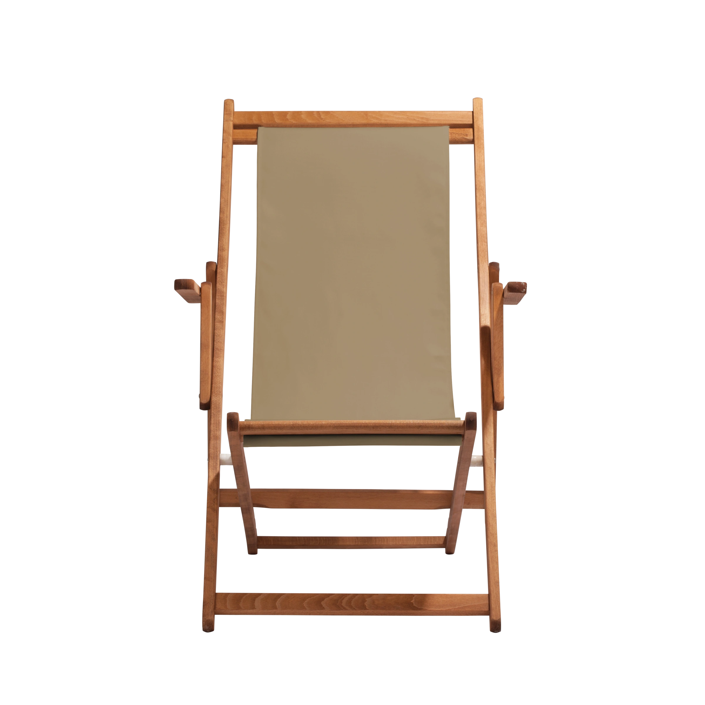 Liegestuhl Charly aus brandy geöltem Buchenholz mit Bezug in grau-beige, Frontalansicht
#Classic | Liegefläche (Farbe)_grau-beige