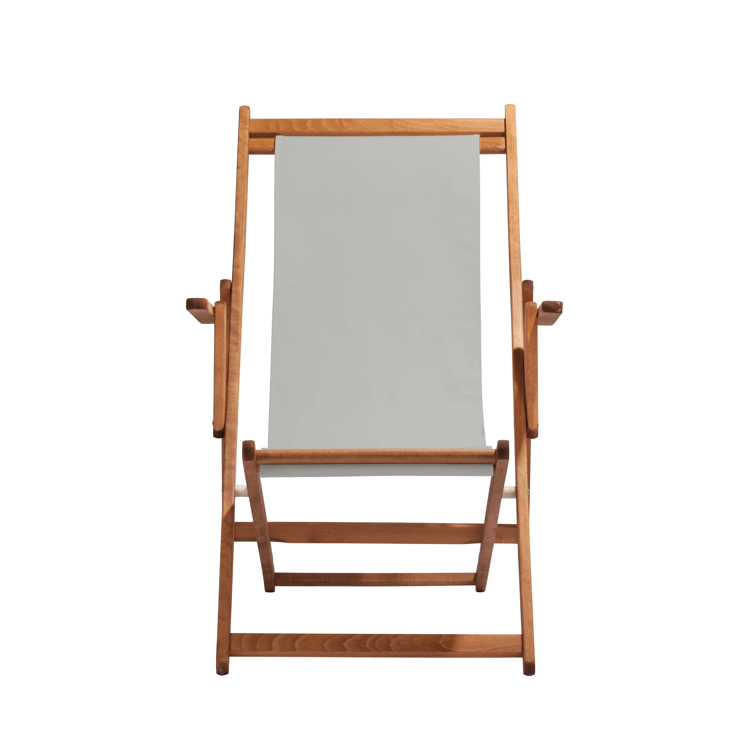 Liegestuhl Charly aus brandy geöltem Buchenholz mit hellgrauem Bezug, Frontalansicht
#Classic | Liegefläche (Farbe)_hellgrau