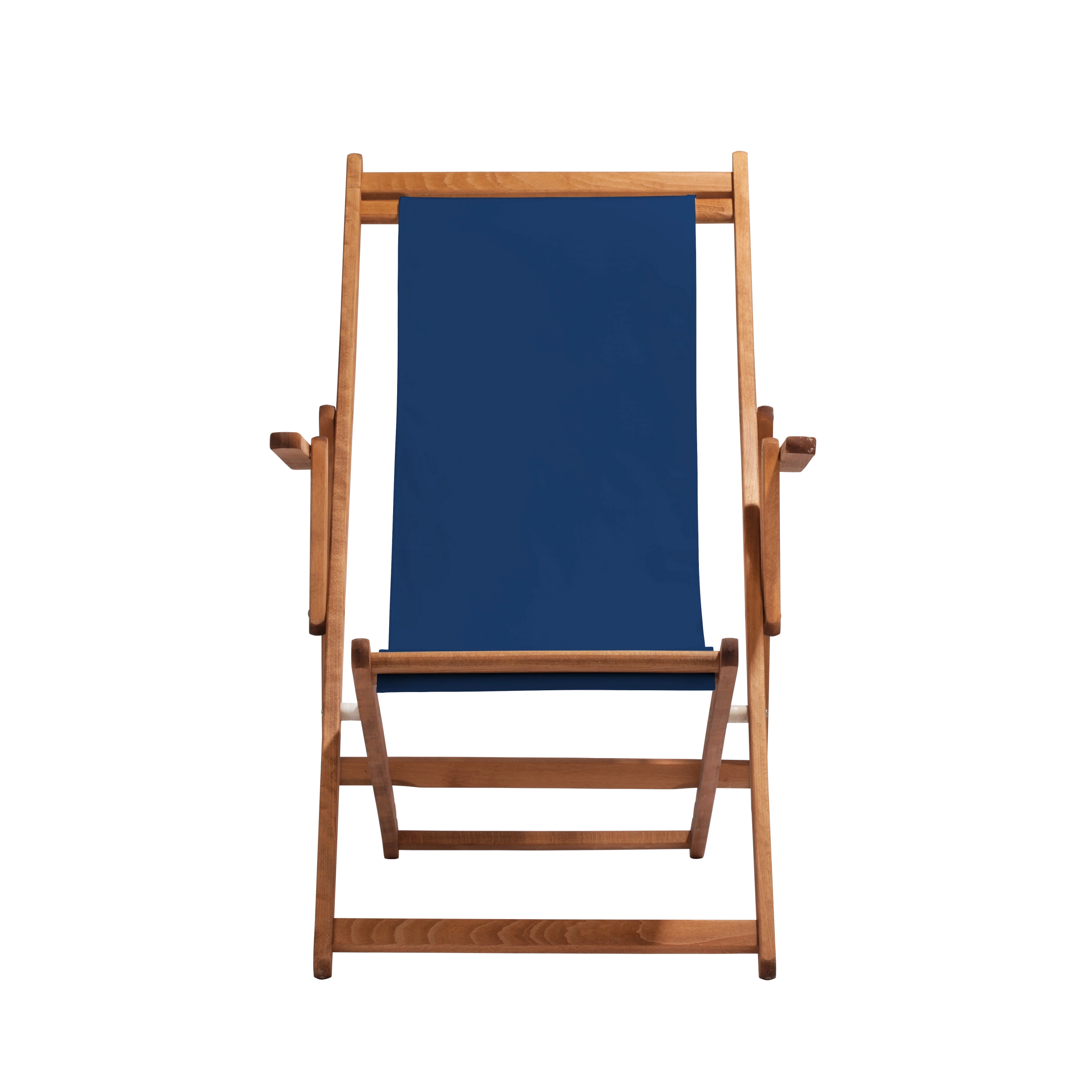 Liegestuhl Charly aus brandy geöltem Buchenholz mit Bezug in marine, Frontalansicht
#Classic | Liegefläche (Farbe)_marine