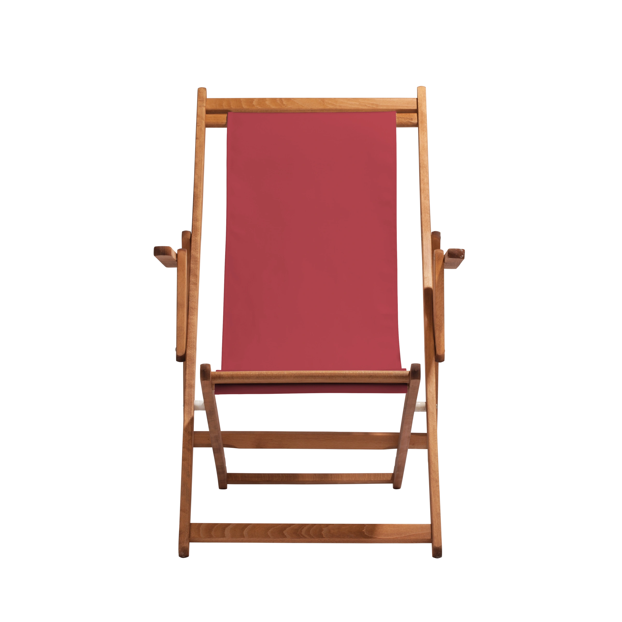 Liegestuhl Charly aus brandy geöltem Buchenholz mit rotem Bezug, Frontalansicht
#Classic | Liegefläche (Farbe)_rot