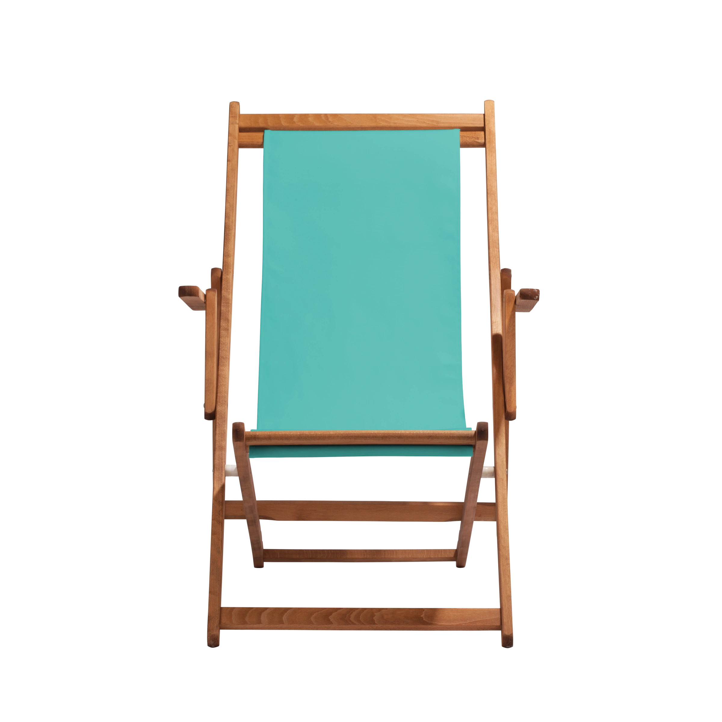 Liegestuhl Charly aus brandy geöltem Buchenholz mit türkisem Bezug, Frontalansicht
#Classic | Liegefläche (Farbe)_türkis