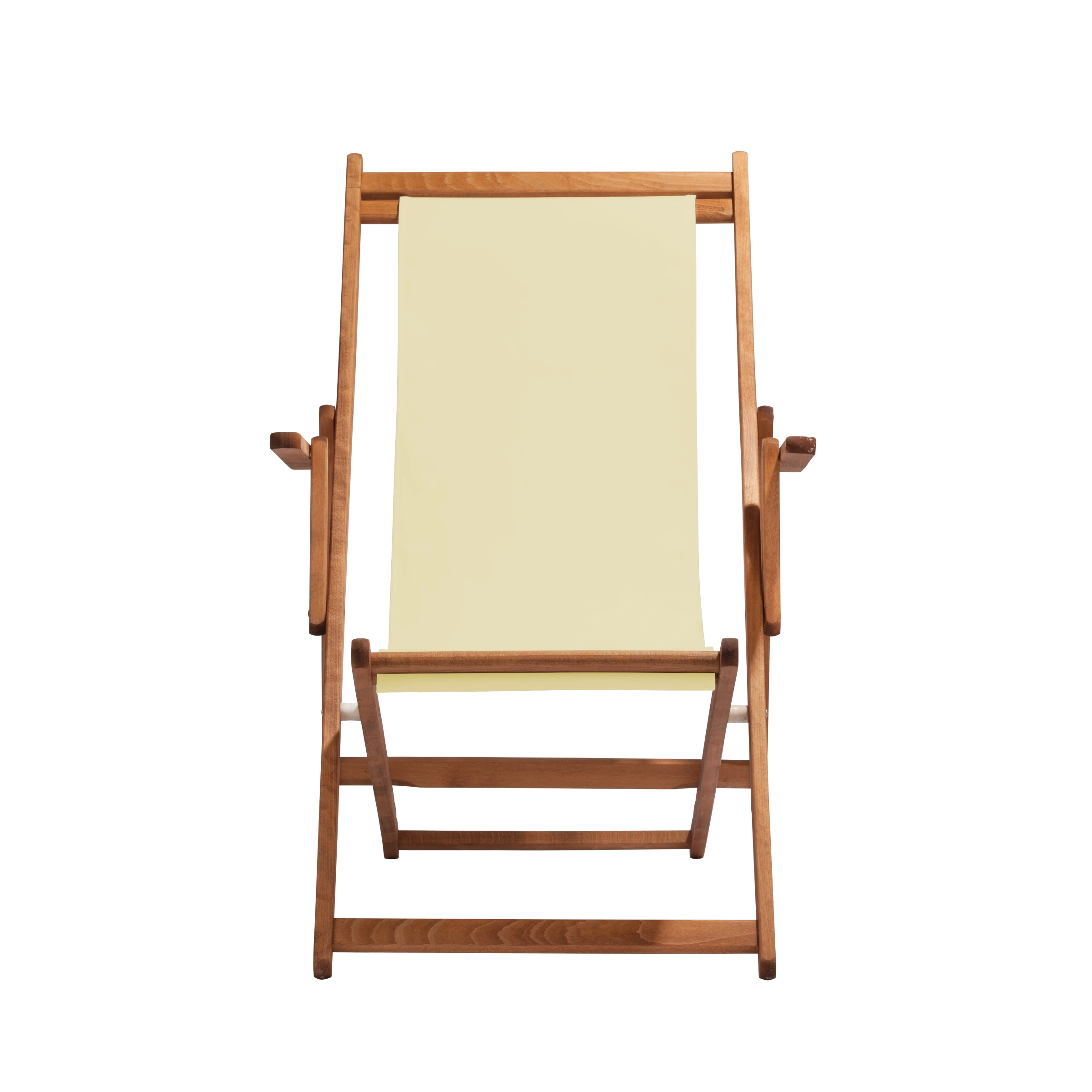 Liegestuhl Charly aus brandy geöltem Buchenholz mit Bezug in vanille, Frontalansicht
#Classic | Liegefläche (Farbe)_vanille