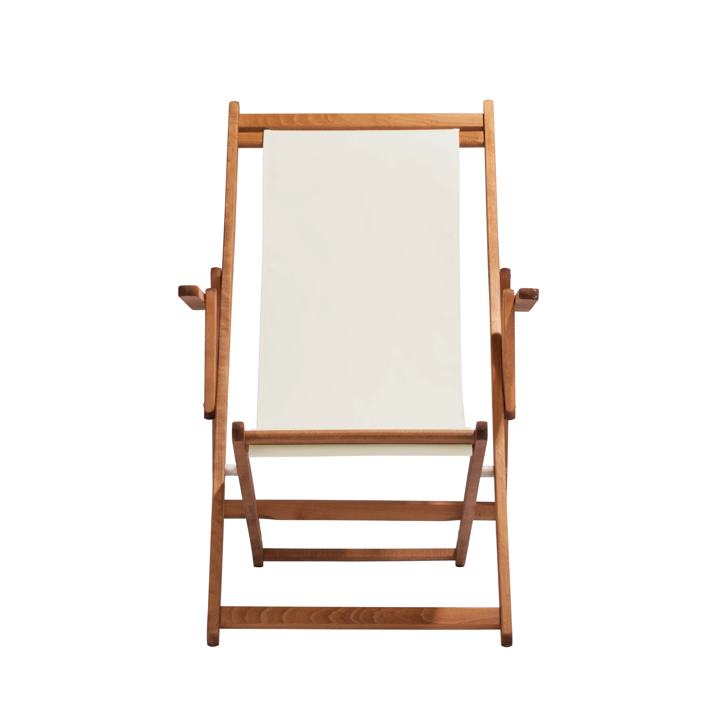 Liegestuhl Charly aus brandy geöltem Buchenholz mit weißem Bezug, Frontalansicht
#Classic | Liegefläche (Farbe)_weiß