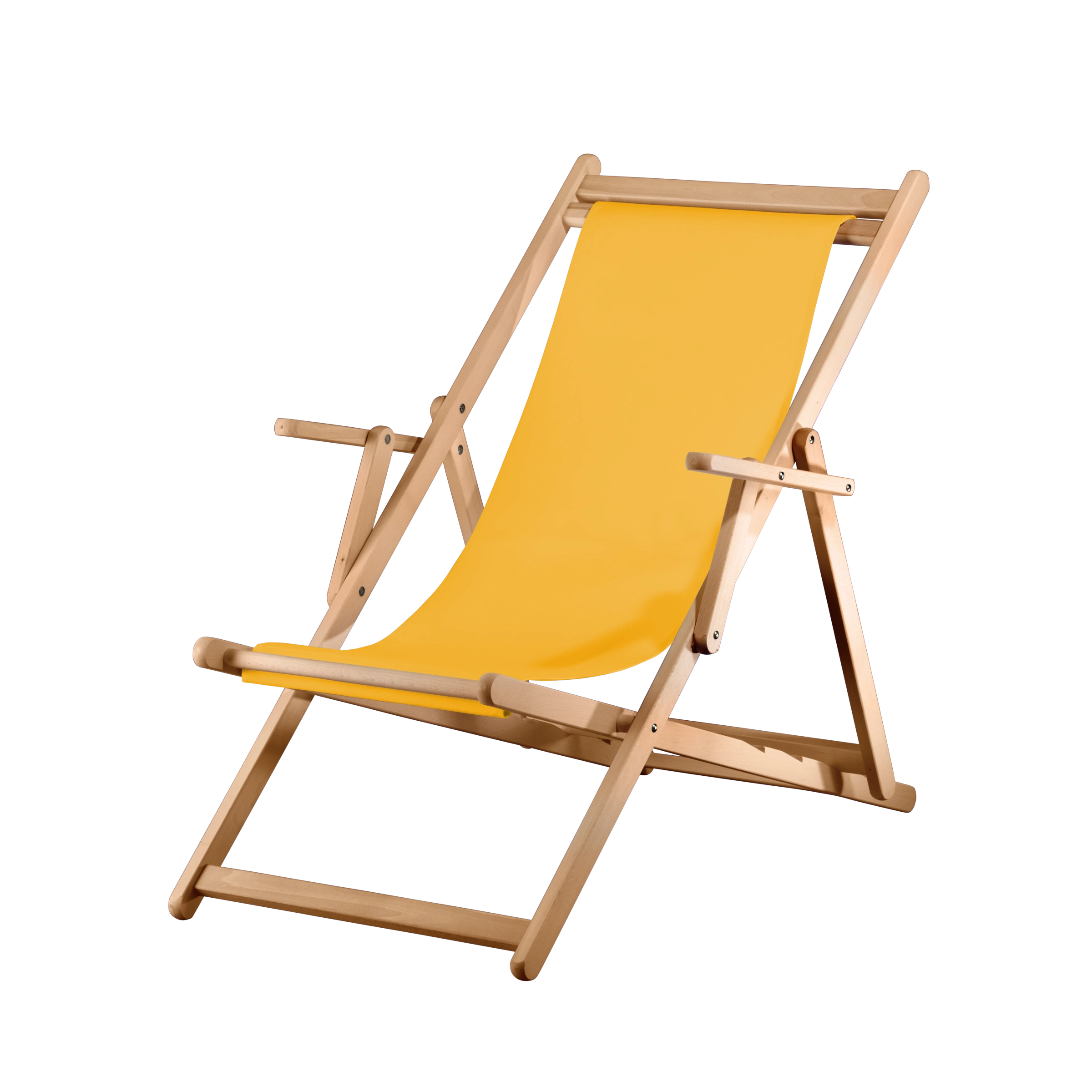 Liegestuhl Charly aus natur geöltem Buchenholz mit gelbem Bezug, Seitenansicht
#Classic | Liegefläche (Farbe)_gelb