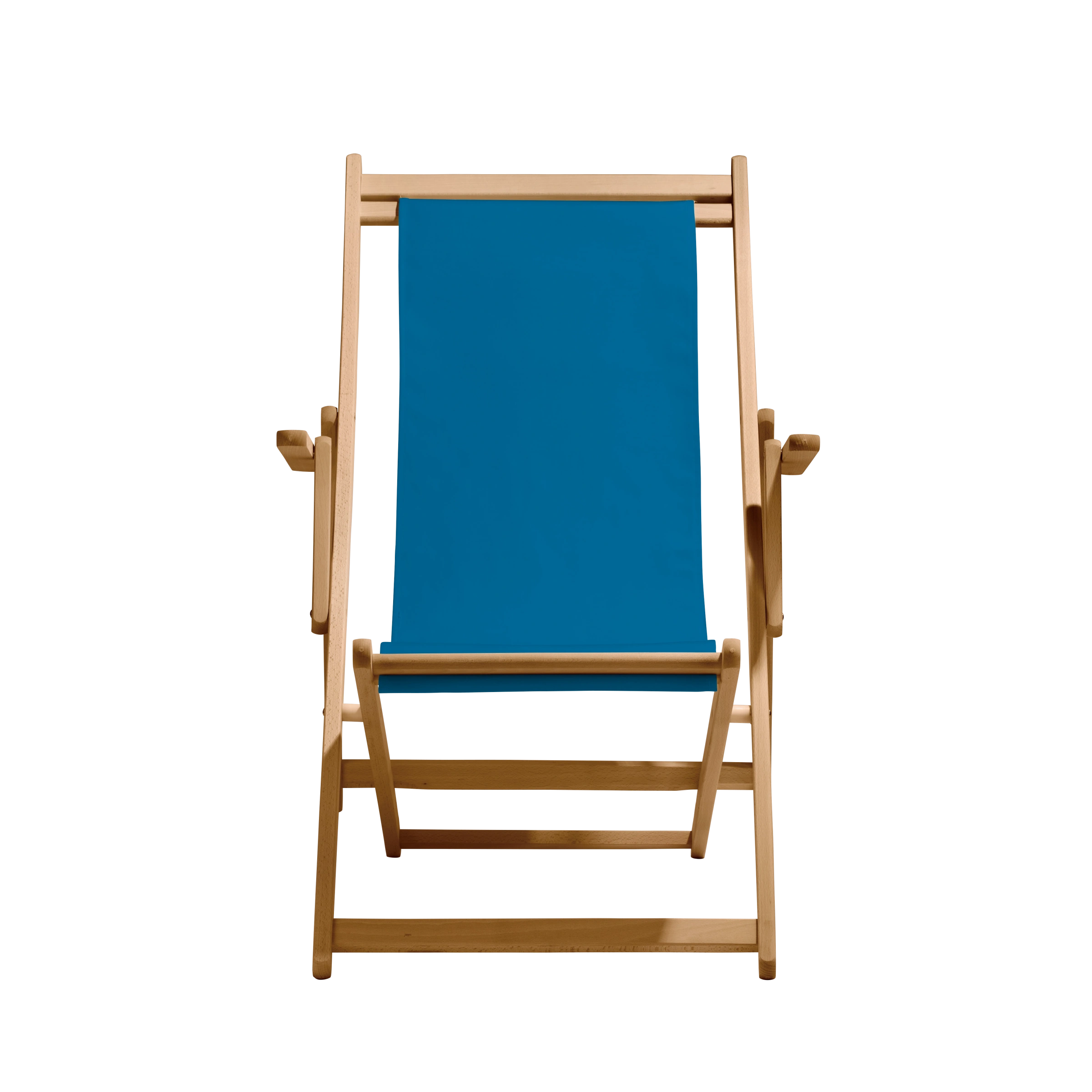 Liegestuhl Charly aus natur geöltem Buchenholz mit blauem Bezug, Frontalansicht
#Classic | Liegefläche (Farbe)_blau