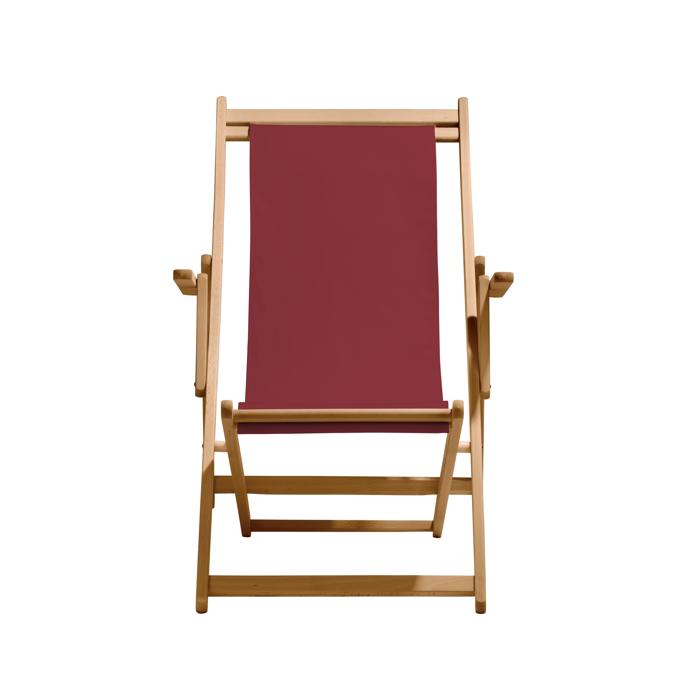 Liegestuhl Charly aus natur geöltem Buchenholz mit Bezug in bordeaux, Frontalansicht
#Classic | Liegefläche (Farbe)_bordeaux