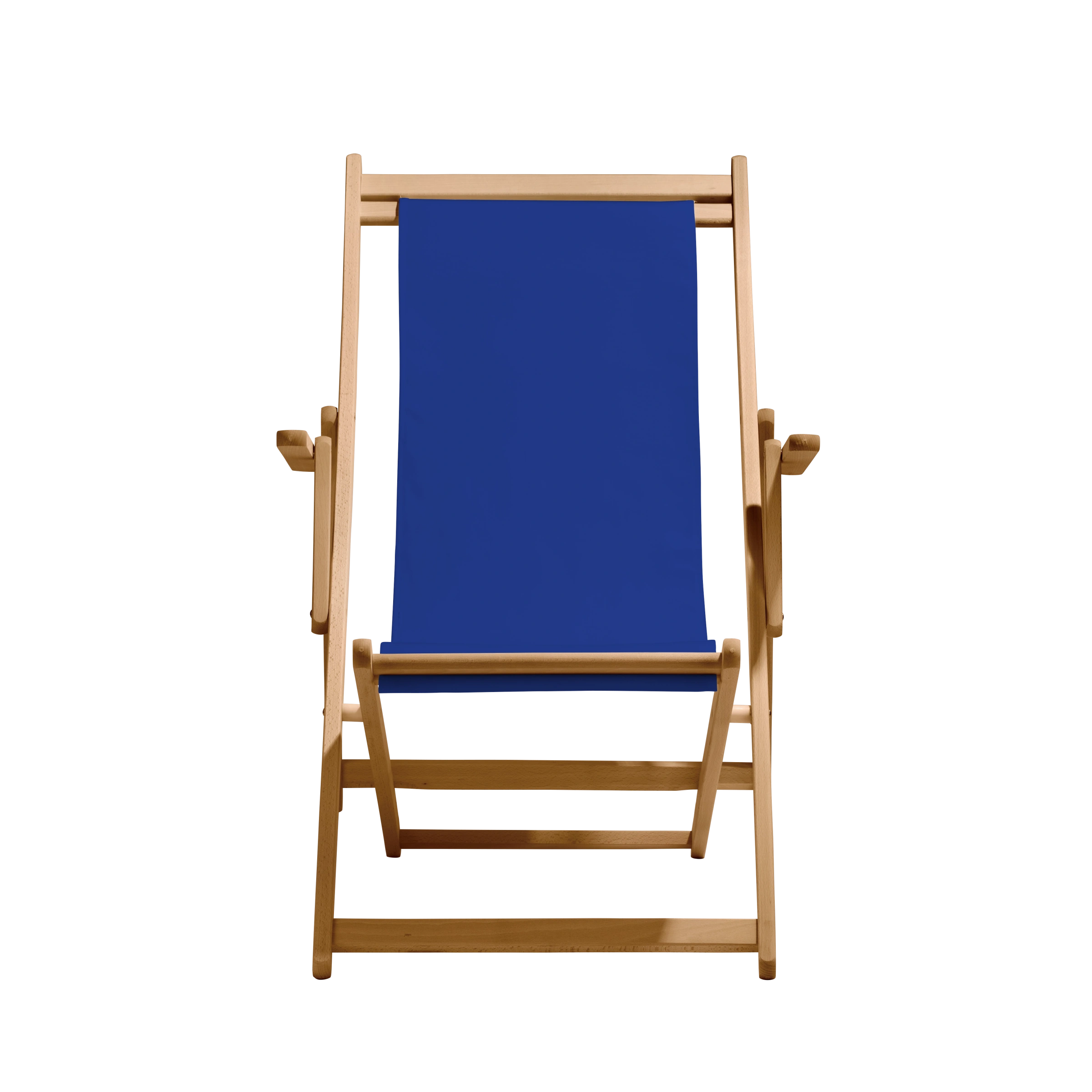 Liegestuhl Charly aus natur geöltem Buchenholz mit dunkelblauem Bezug, Frontalansicht
#Classic | Liegefläche (Farbe)_dunkelblau