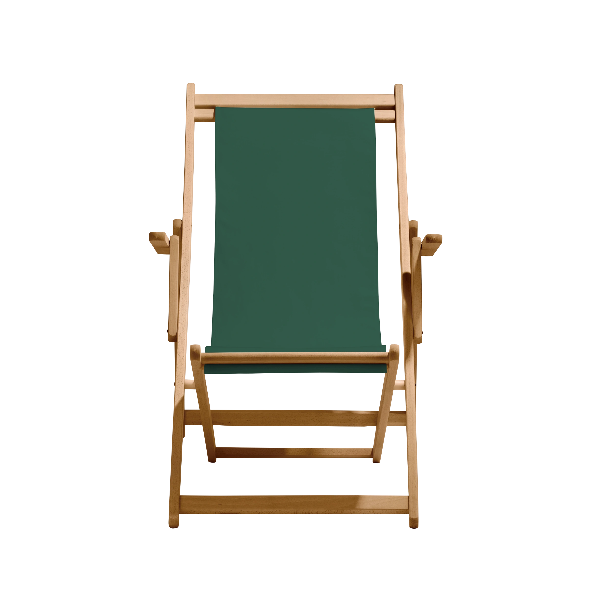 Liegestuhl Charly aus natur geöltem Buchenholz mit dunkelgrünem Bezug, Frontalansicht
#Classic | Liegefläche (Farbe)_dunkelgrün