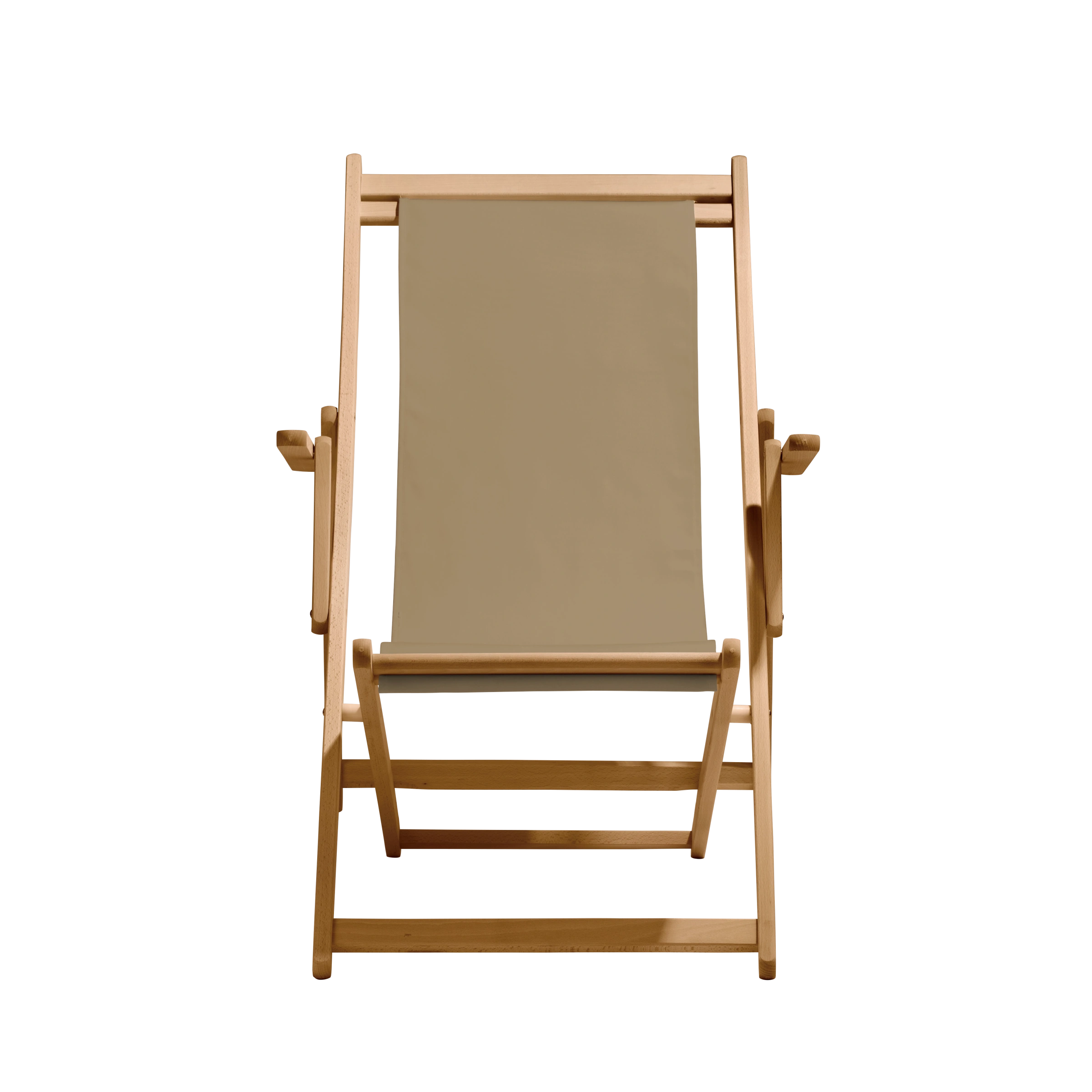 Liegestuhl Charly aus natur geöltem Buchenholz mit Bezug in grau-beige, Frontalansicht
#Classic | Liegefläche (Farbe)_grau-beige