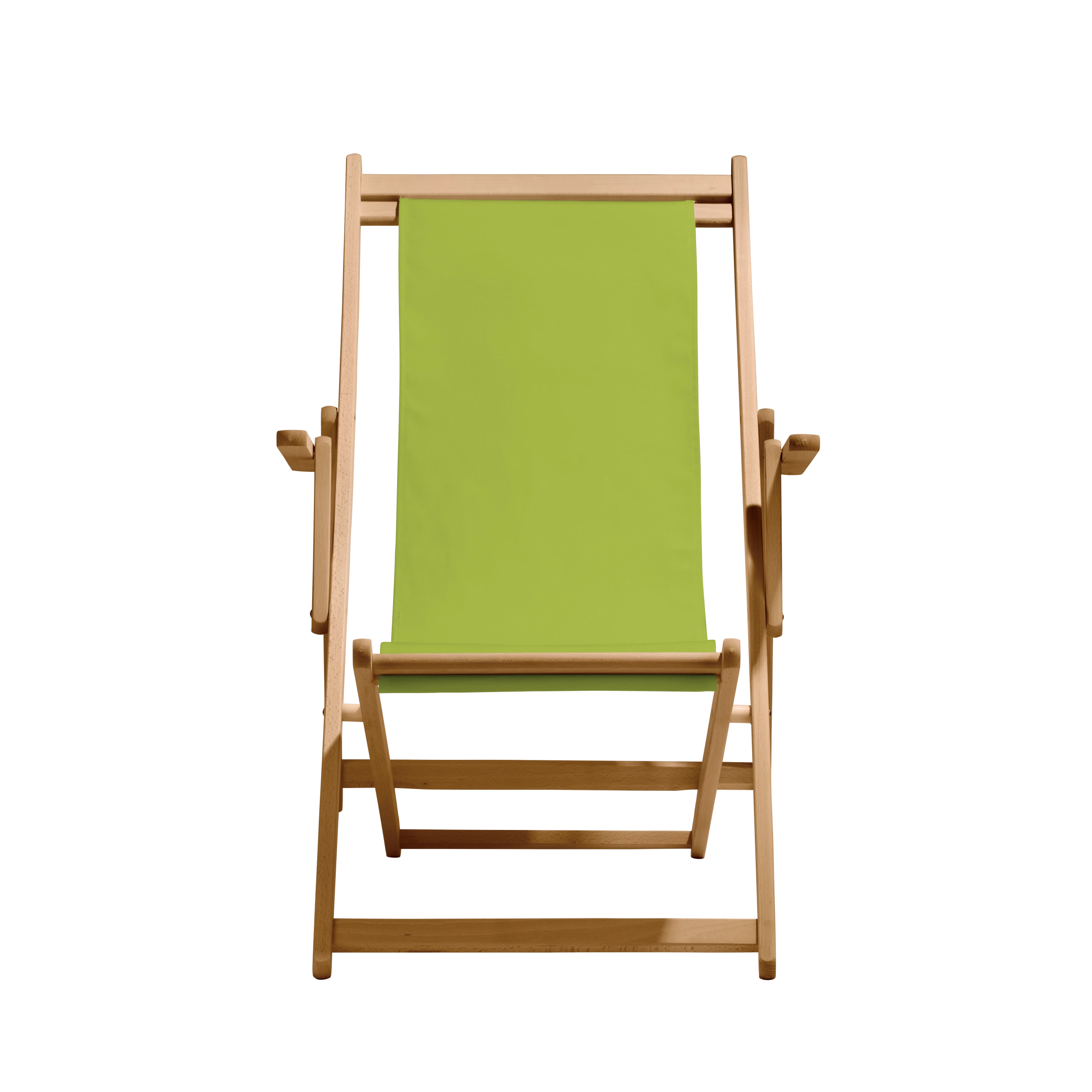 Liegestuhl Charly aus natur geöltem Buchenholz mit hellgrünem Bezug, Frontalansicht
#Classic | Liegefläche (Farbe)_hellgrün