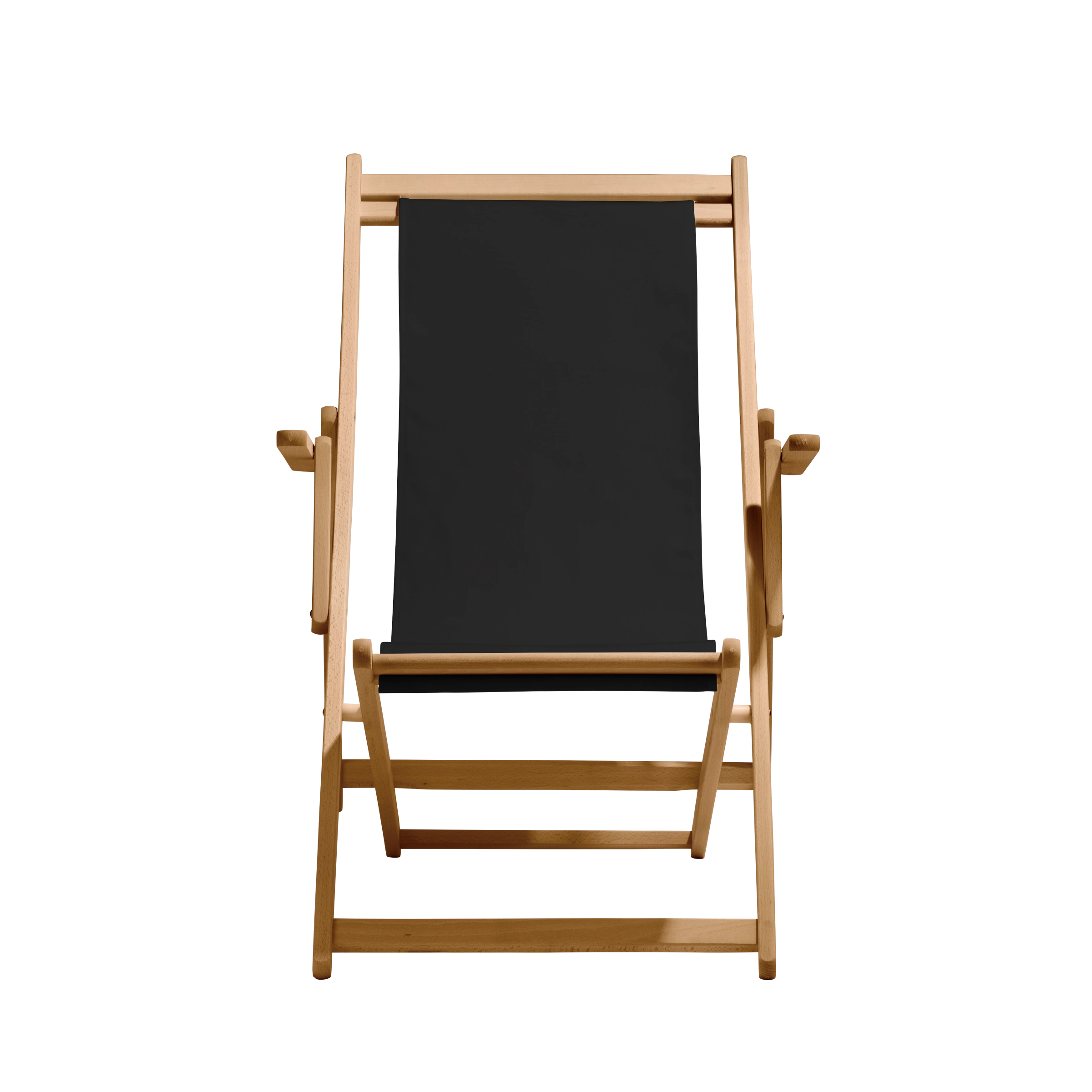 Liegestuhl Charly aus natur geöltem Buchenholz mit schwarzem Bezug, Frontalansicht
#Classic | Liegefläche (Farbe)_schwarz