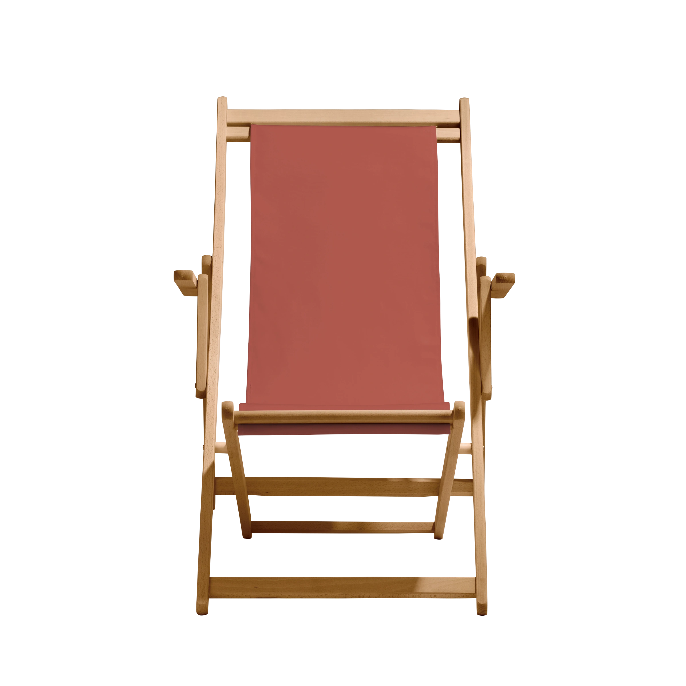 Liegestuhl Charly aus natur geöltem Buchenholz mit Bezug in terracotta, Frontalansicht
#Classic | Liegefläche (Farbe)_terracotta