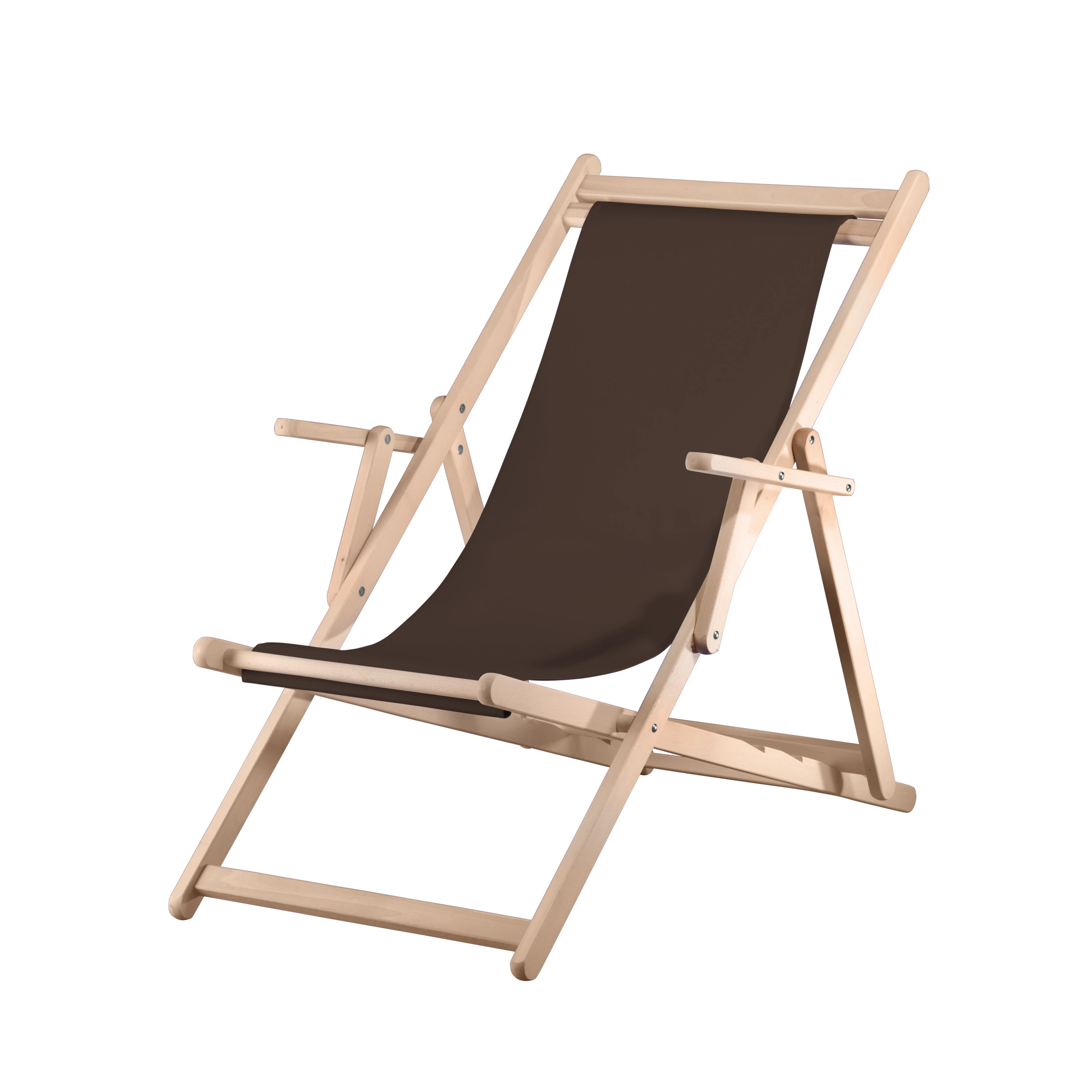 Liegestuhl Charly aus naturbelassenem Buchenholz mit Bezug in caffé, Seitenansicht
#Classic | Liegefläche (Farbe)_caffé