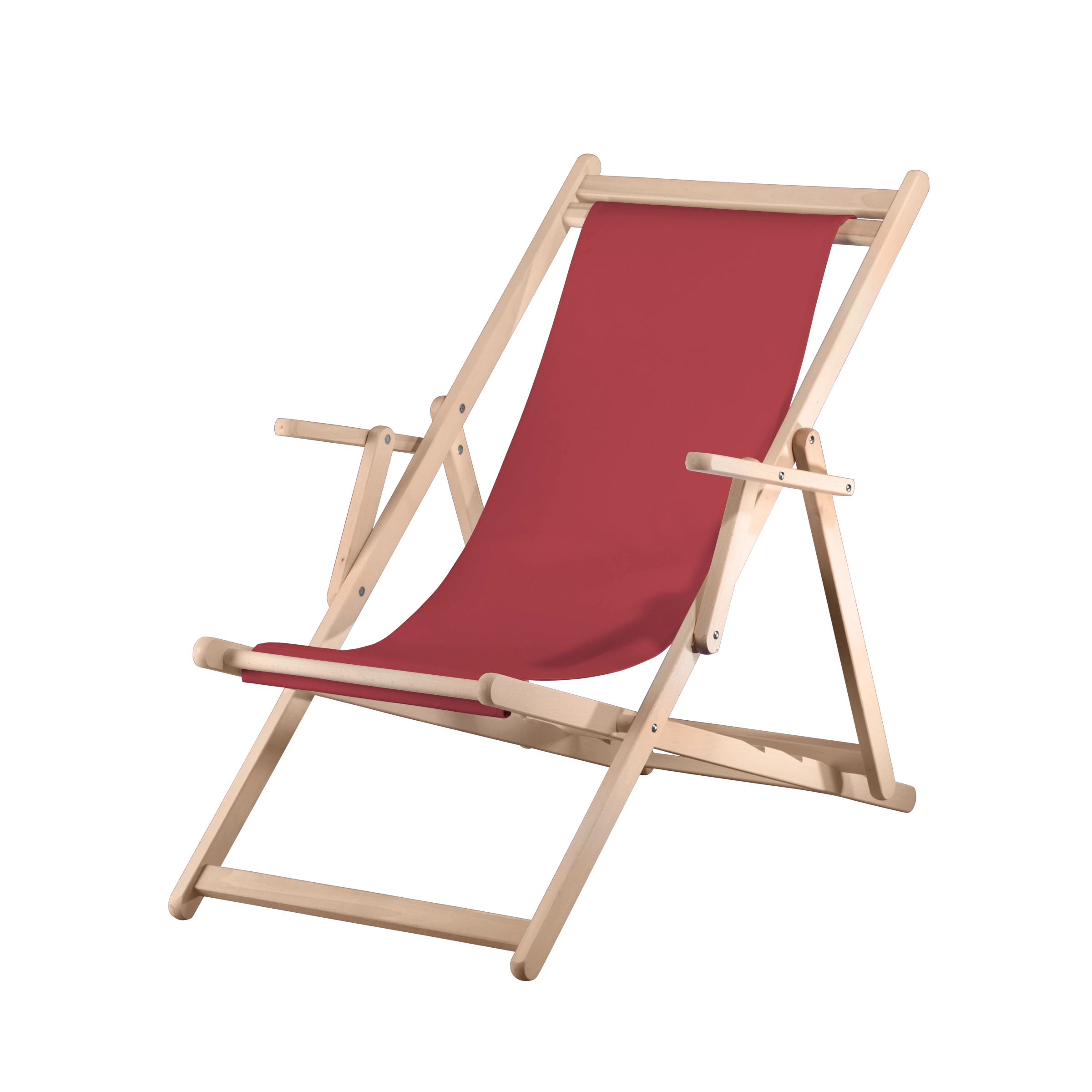 Liegestuhl Charly aus naturbelassenem Buchenholz mit rotem Bezug, Seitenansicht
#Classic | Liegefläche (Farbe)_rot