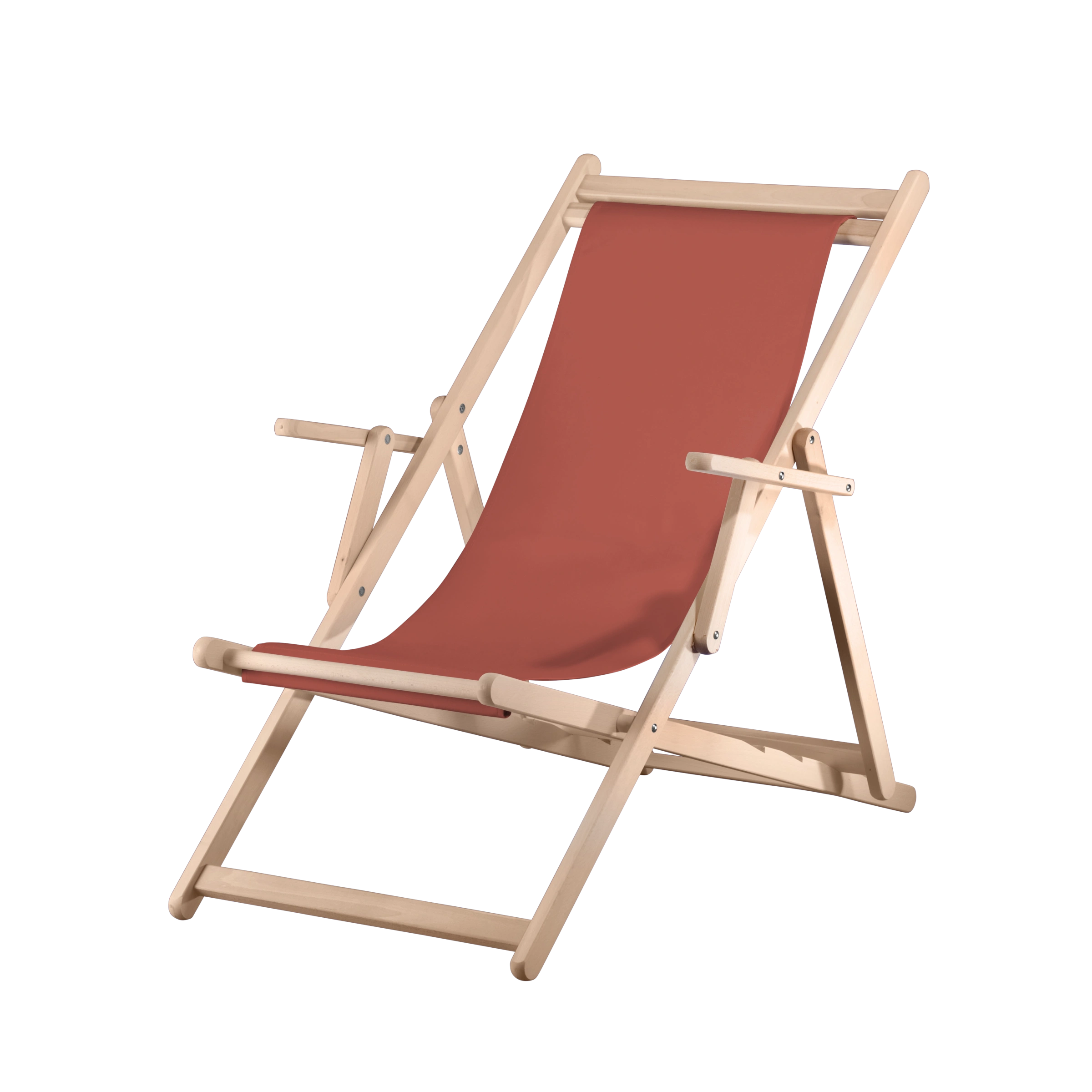 Liegestuhl Charly aus naturbelassenem Buchenholz mit Bezug in terracotta, Seitenansicht
#Classic | Liegefläche (Farbe)_terracotta