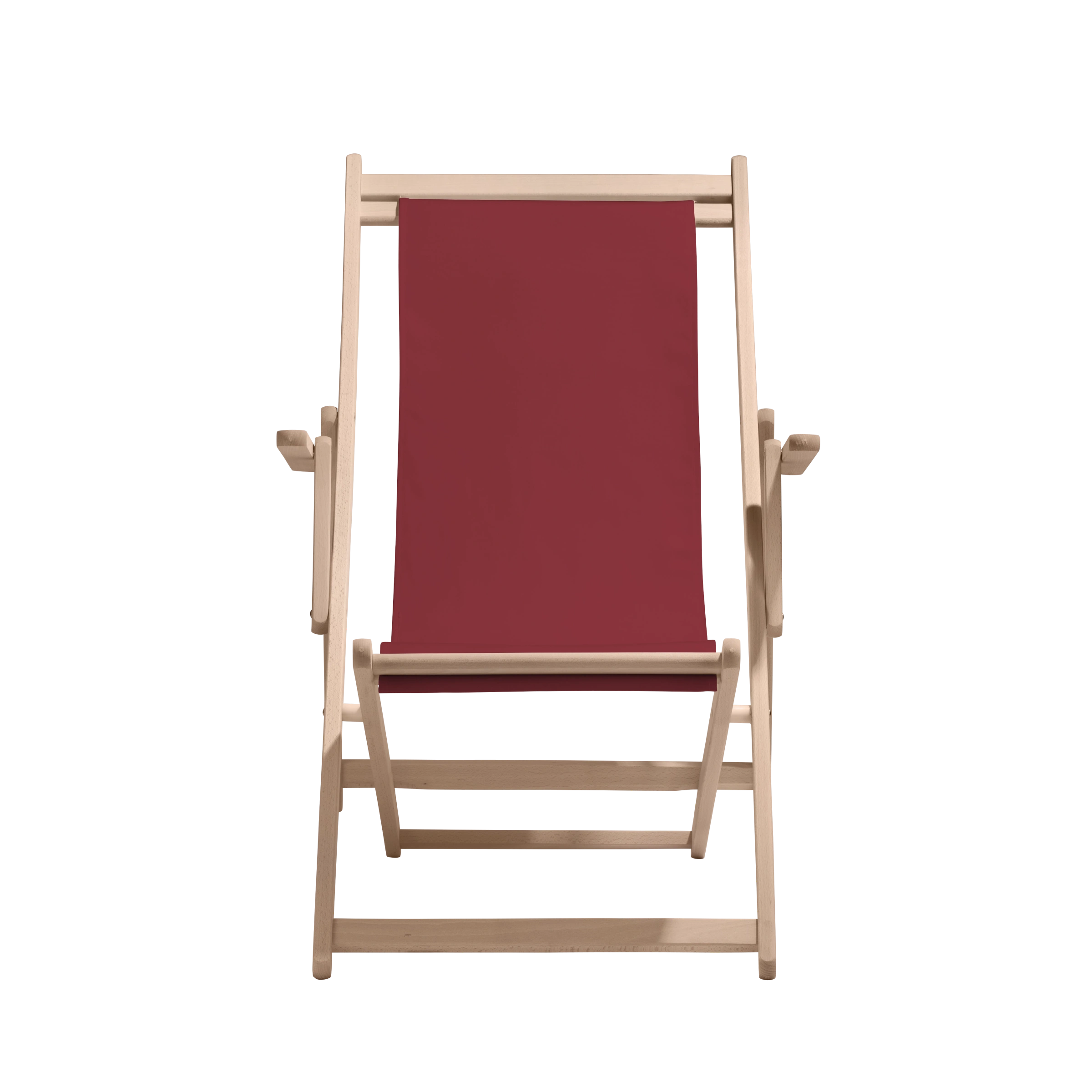 Liegestuhl Charly aus naturbelassenem Buchenholz mit Bezug in bordeaux, Frontalansicht
#Classic | Liegefläche (Farbe)_bordeaux