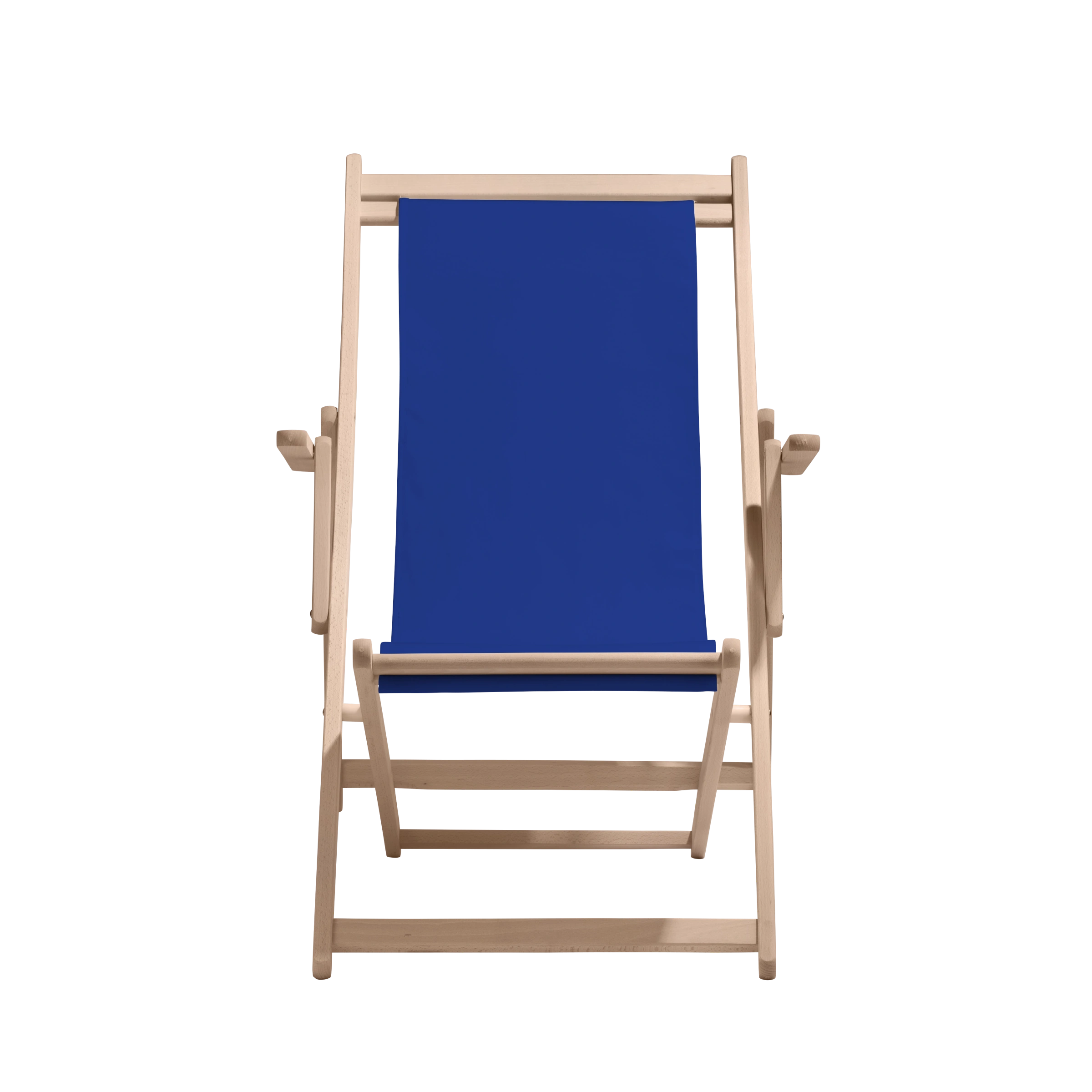 Liegestuhl Charly aus naturbelassenem Buchenholz mit dunkelblauem Bezug, Frontalansicht
#Classic | Liegefläche (Farbe)_dunkelblau