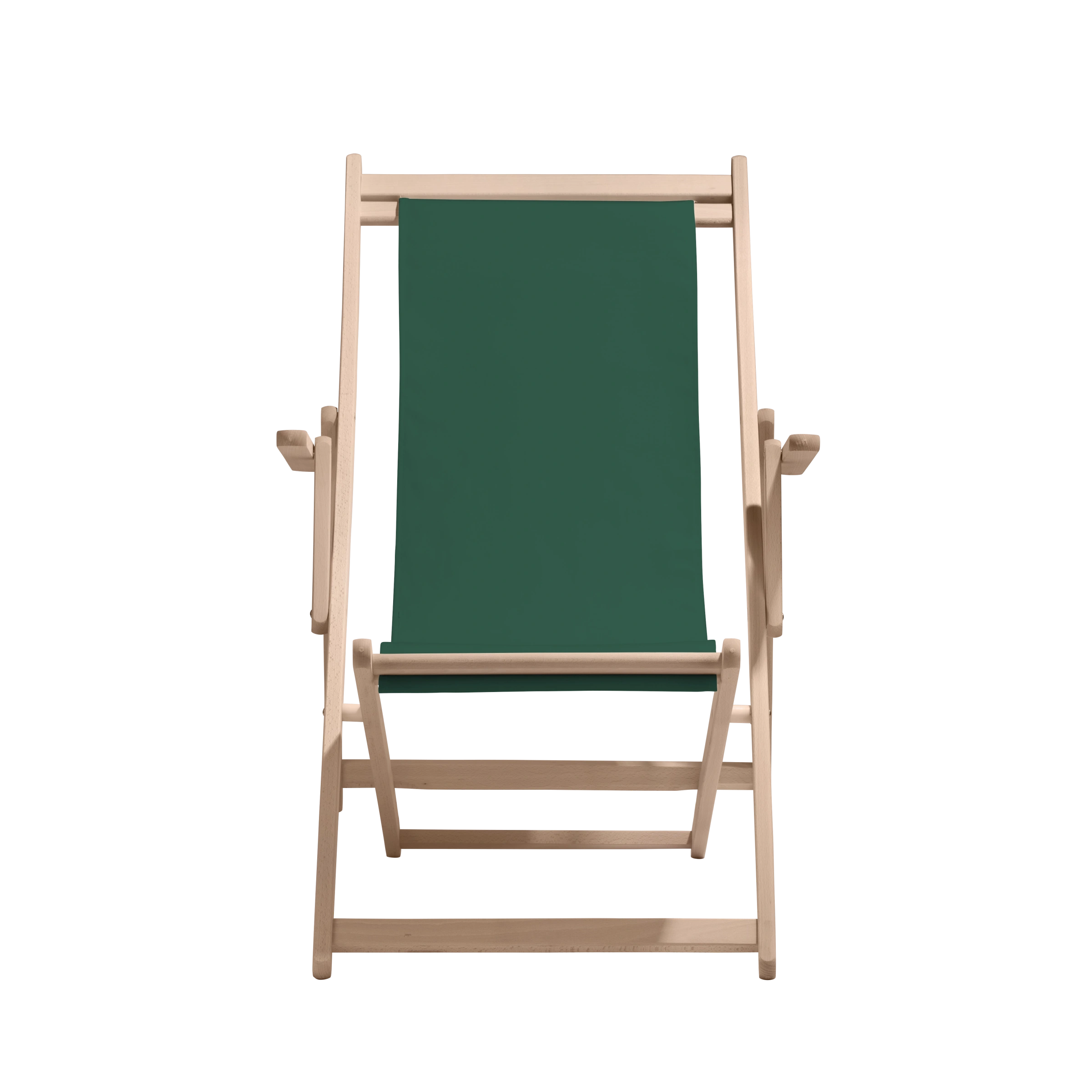 Liegestuhl Charly aus naturbelassenem Buchenholz mit dunkelgrünem Bezug, Frontalansicht
#Classic | Liegefläche (Farbe)_dunkelgrün