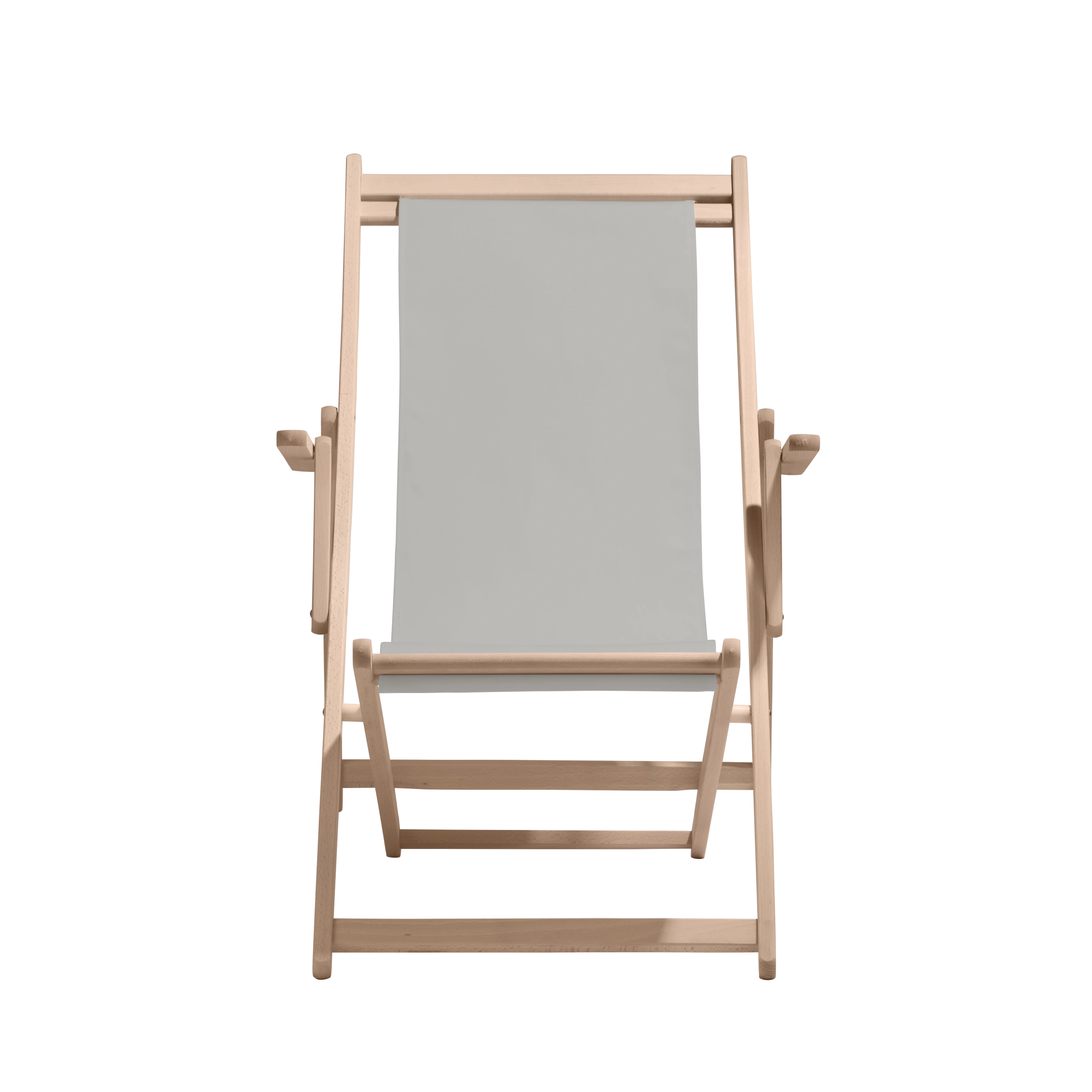 Liegestuhl Charly aus naturbelassenem Buchenholz mit hellgrauem Bezug, Frontalansicht
#Classic | Liegefläche (Farbe)_hellgrau