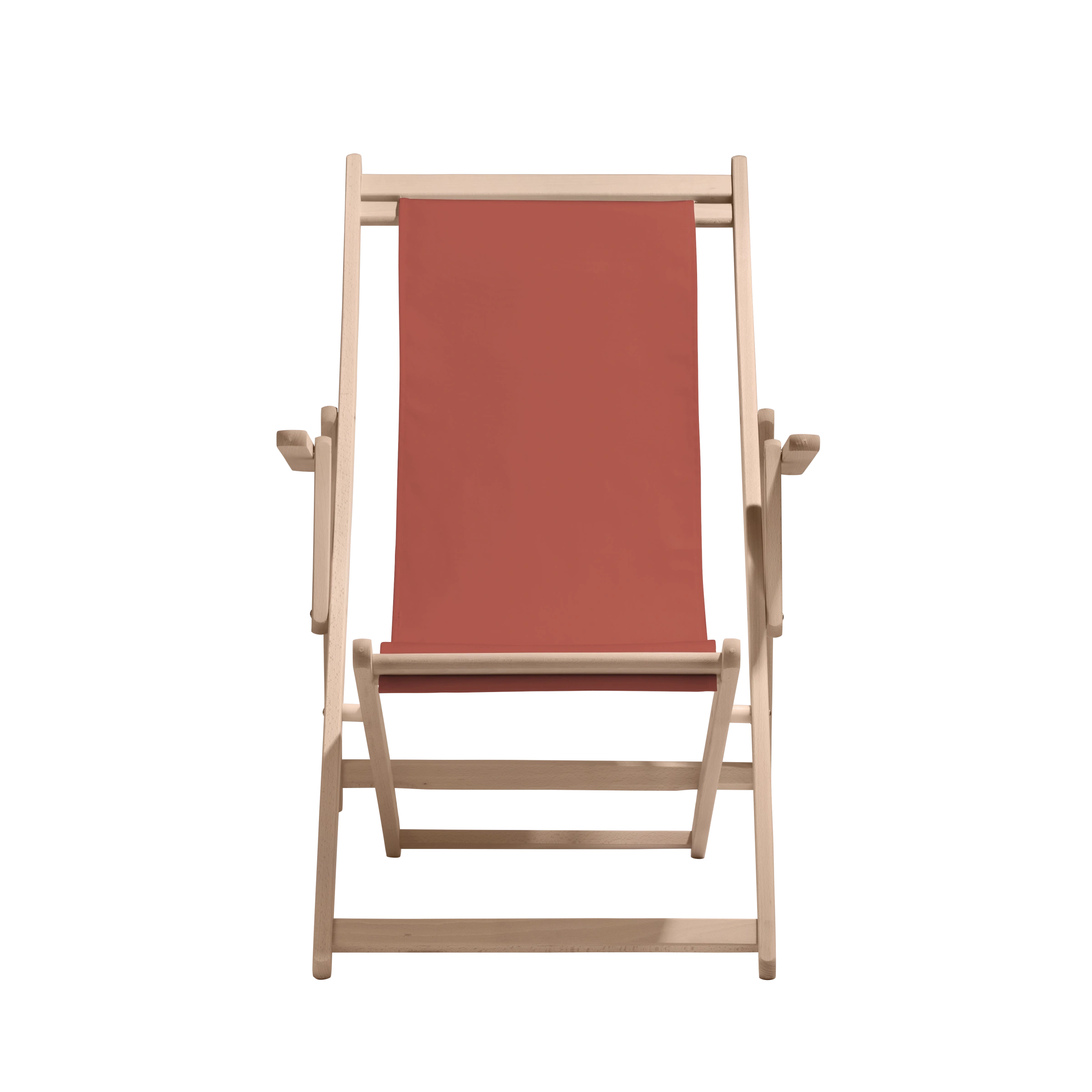 Liegestuhl Charly aus naturbelassenem Buchenholz mit Bezug in terracotta, Frontalansicht
#Classic | Liegefläche (Farbe)_terracotta