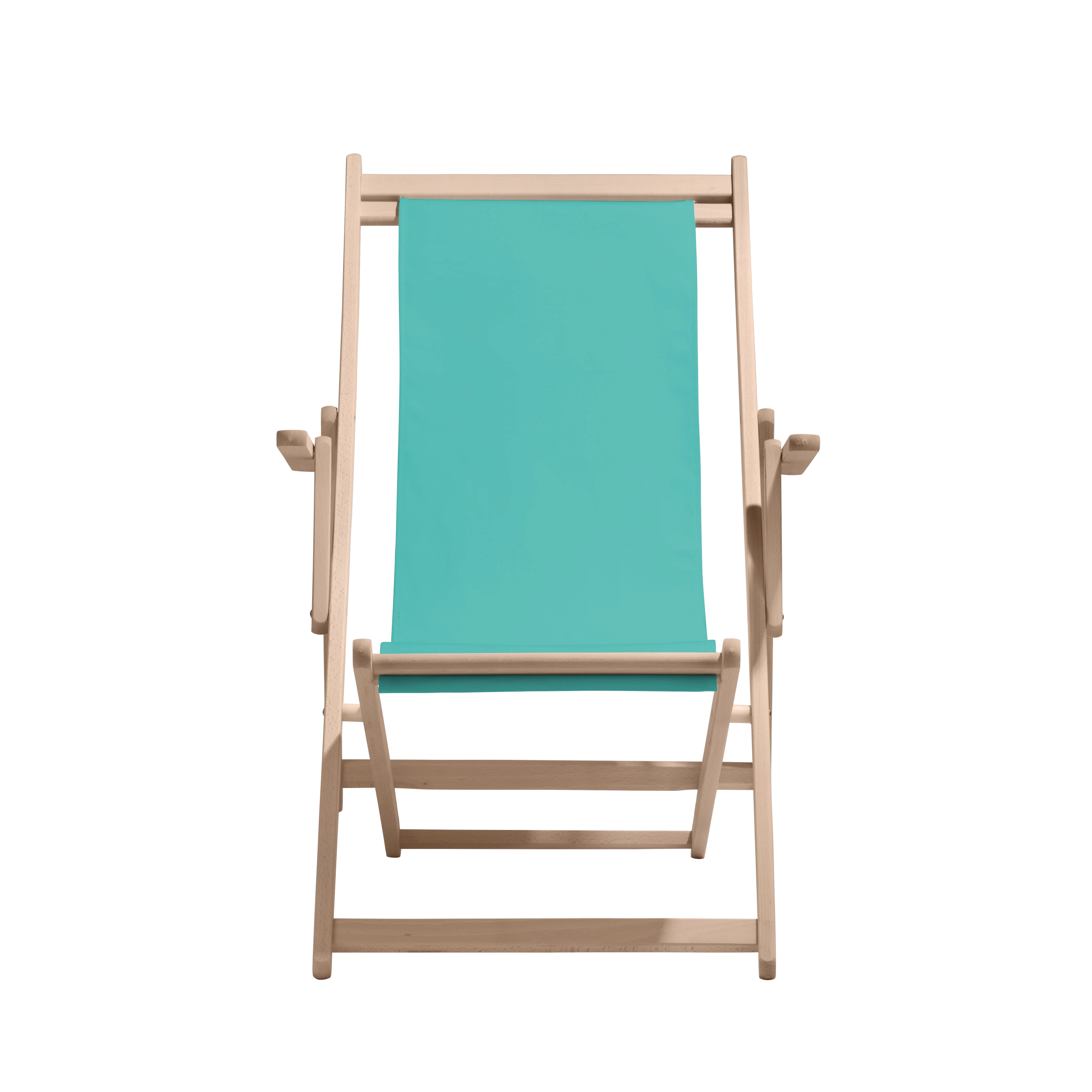 Liegestuhl Charly aus naturbelassenem Buchenholz mit türkisem Bezug, Frontalansicht
#Classic | Liegefläche (Farbe)_türkis