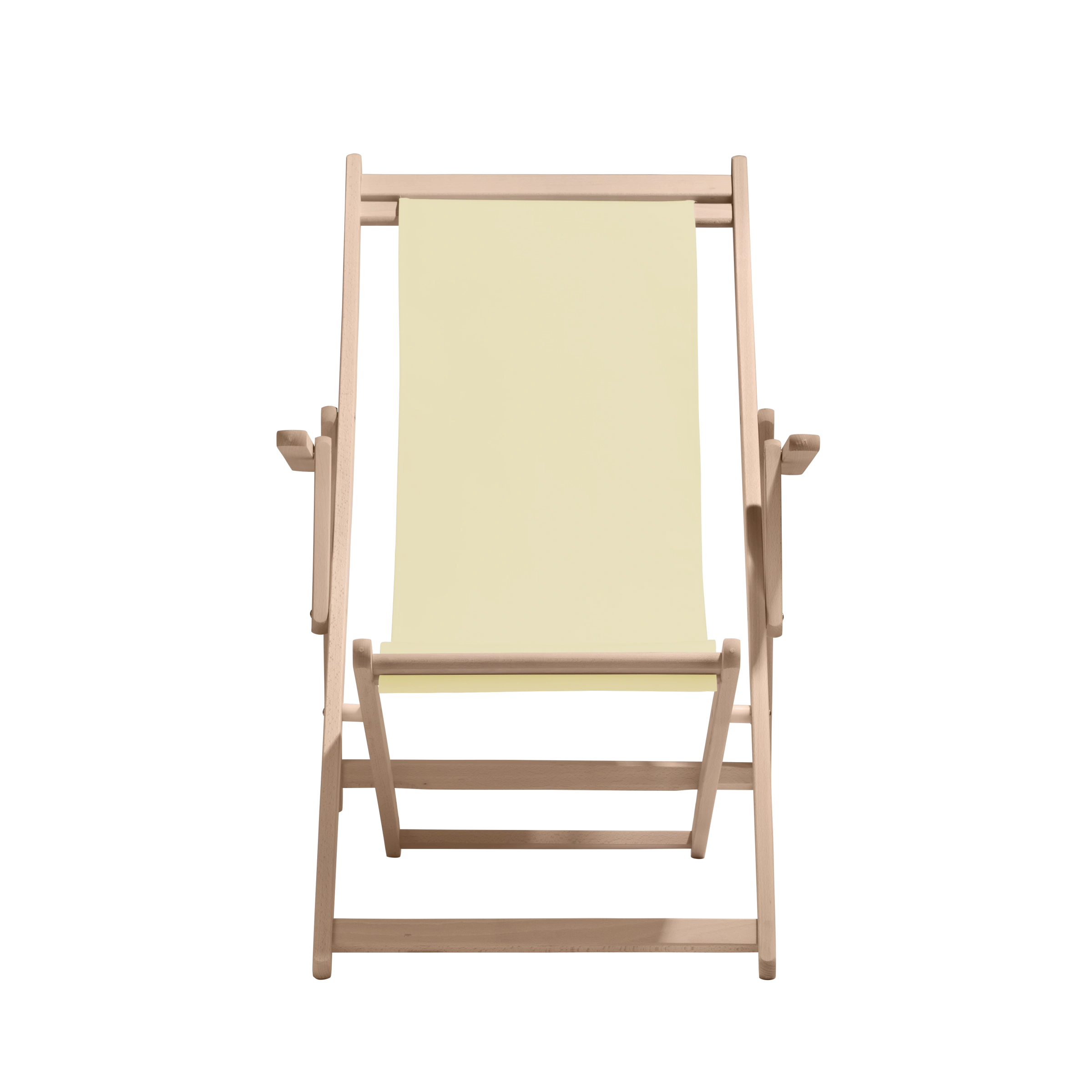 Liegestuhl Charly aus naturbelassenem Buchenholz mit Bezug in vanille, Frontalansicht
#Classic | Liegefläche (Farbe)_vanille