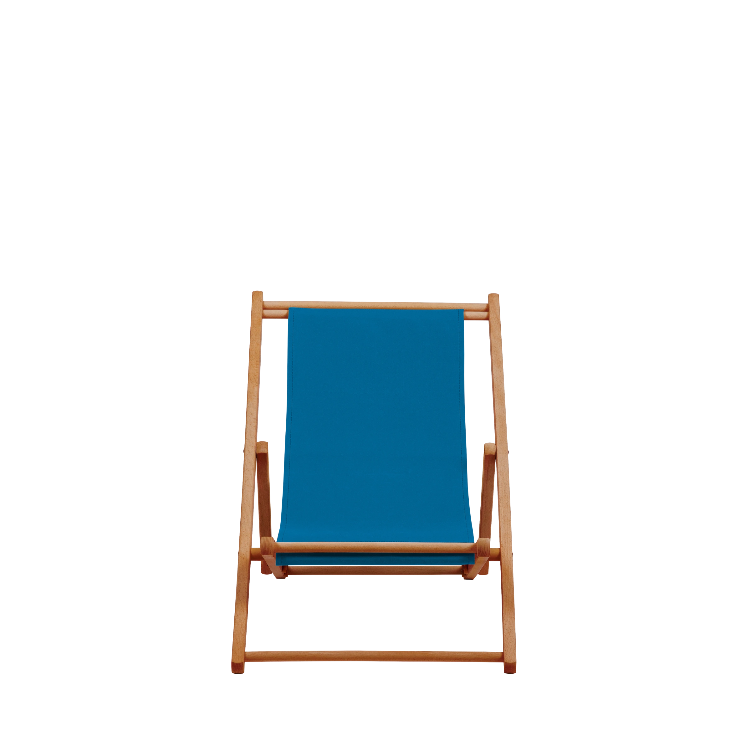 Liegestuhl Greta aus brandy geöltem Buchenholz mit blauem Bezug, Frontalansicht
#Mini | Liegefläche (Farbe)_blau