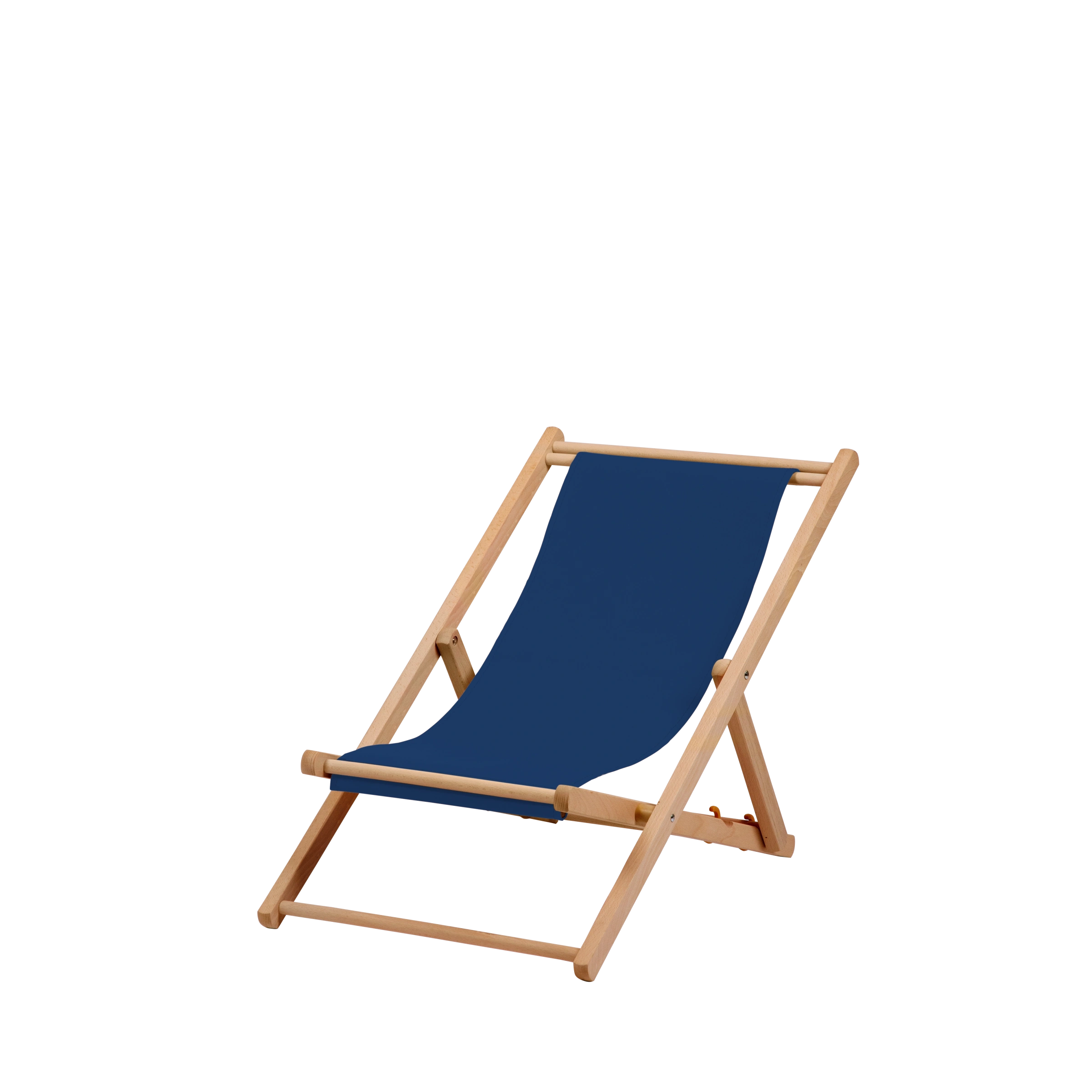 Liegestuhl Greta aus natur geöltem Buchenholz mit Bezug in marine, Seitenansicht
#Mini | Liegefläche (Farbe)_marine