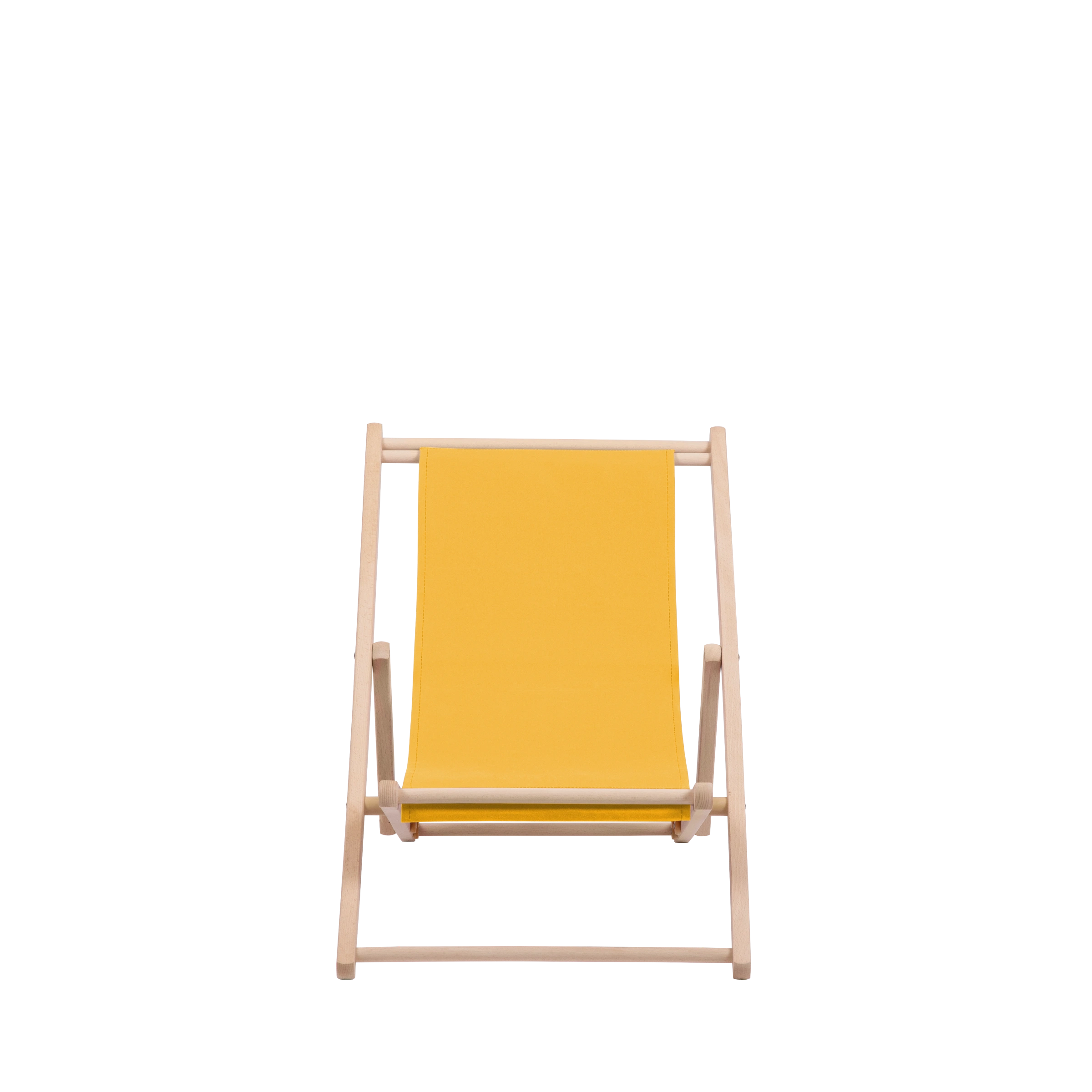 Liegestuhl Greta aus naturbelassenem Buchenholz mit gelbem Bezug, Frontalansicht
#Mini | Liegefläche (Farbe)_gelb