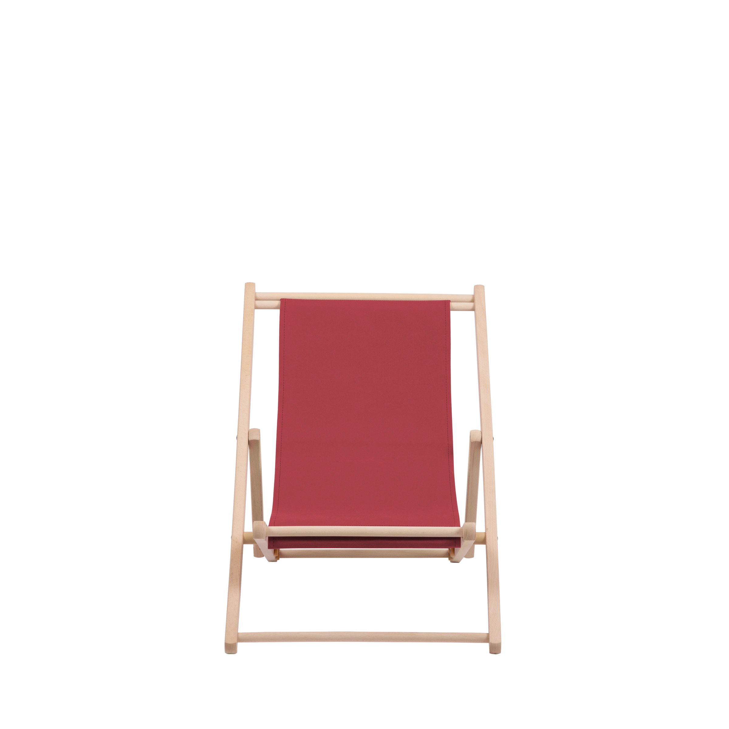 Liegestuhl Greta aus naturbelassenem Buchenholz mit rotem Bezug, Frontalansicht
#Mini | Liegefläche (Farbe)_rot
