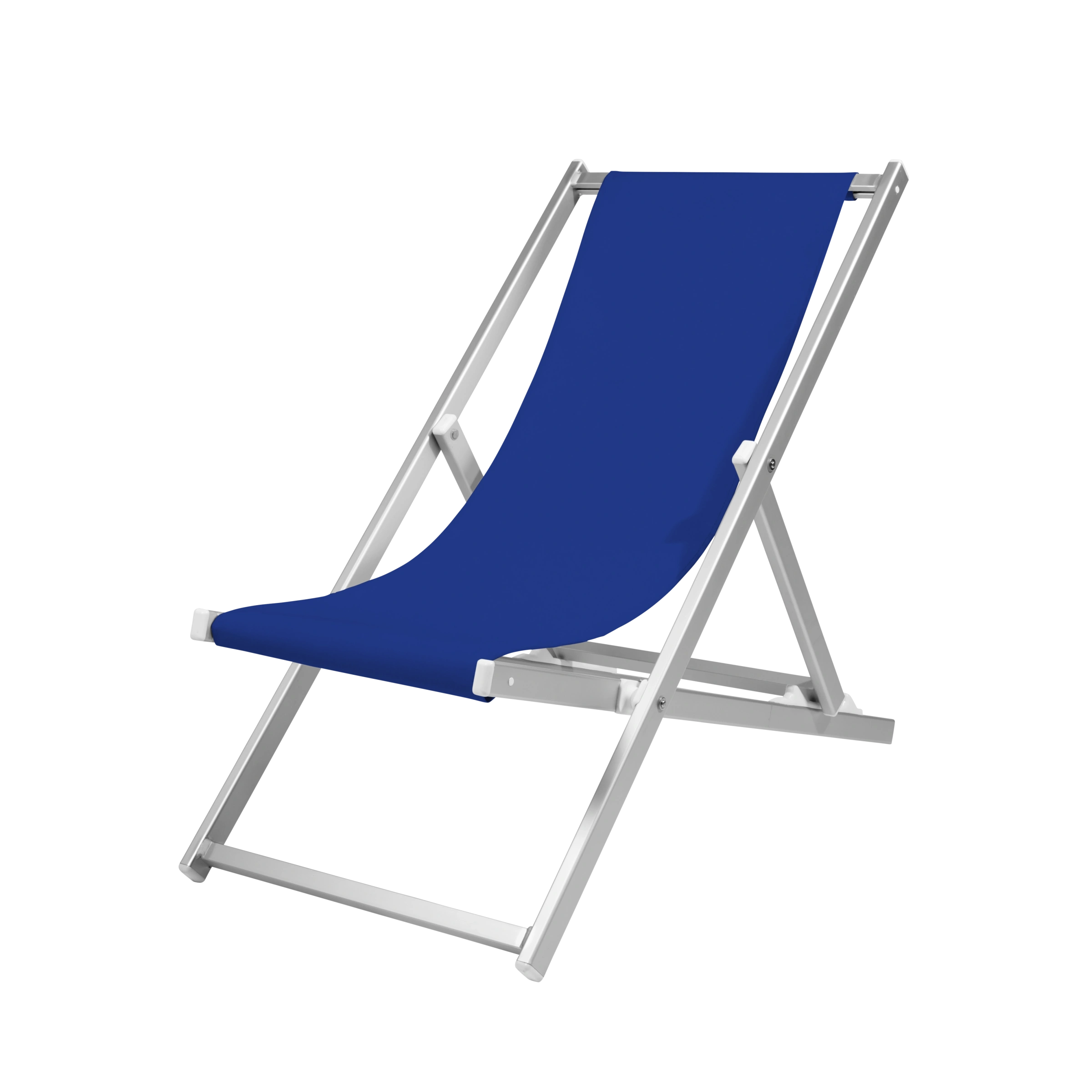 Liegestuhl Quentin aus silbernem Aluminium mit Bezug in dunkelblau, Seitenansicht
#Alu | Liegefläche (Farbe)_dunkelblau