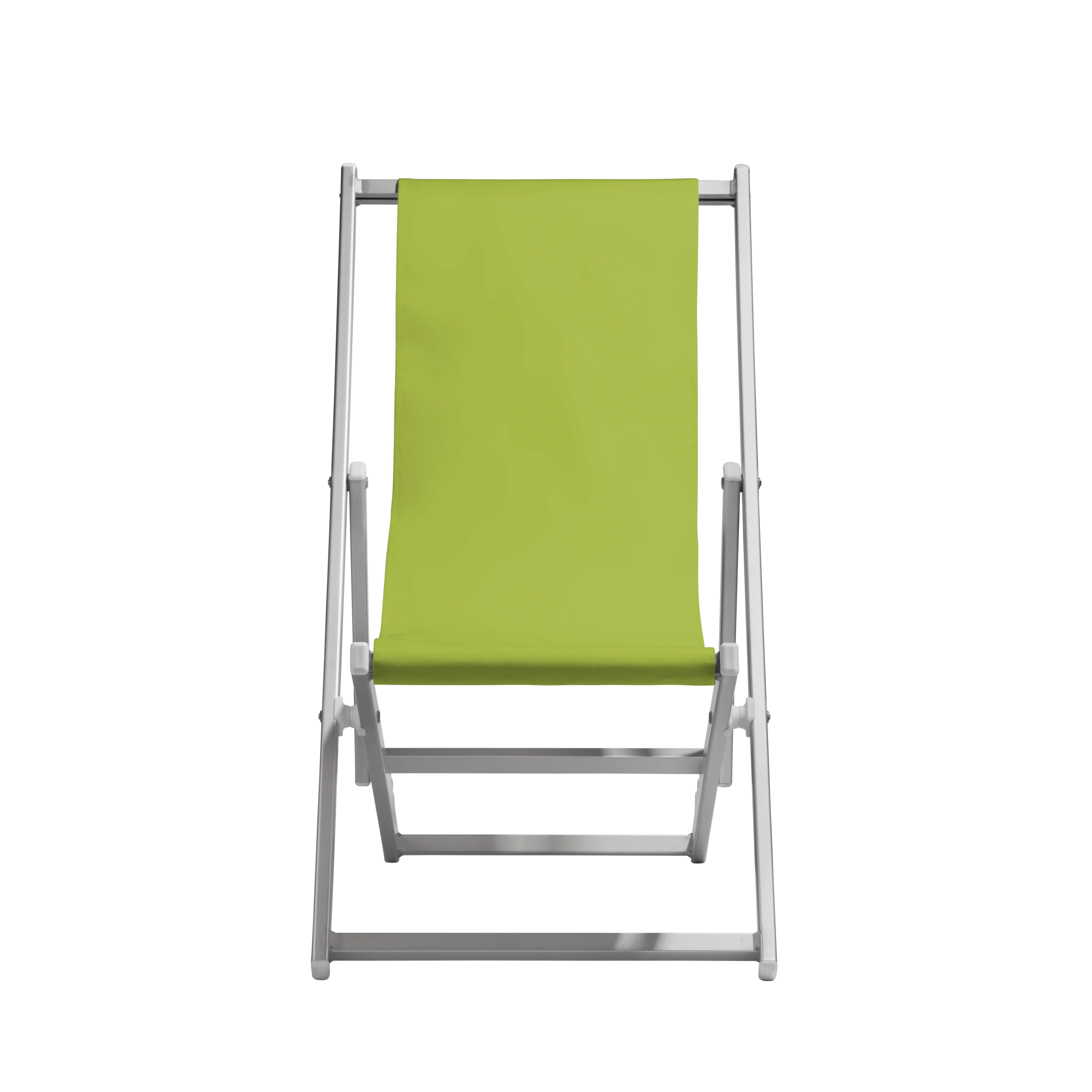 Liegestuhl Quentin aus silbernem Aluminium mit Bezug in hellgrün, Frontalansicht
#Alu | Liegefläche (Farbe)_hellgrün