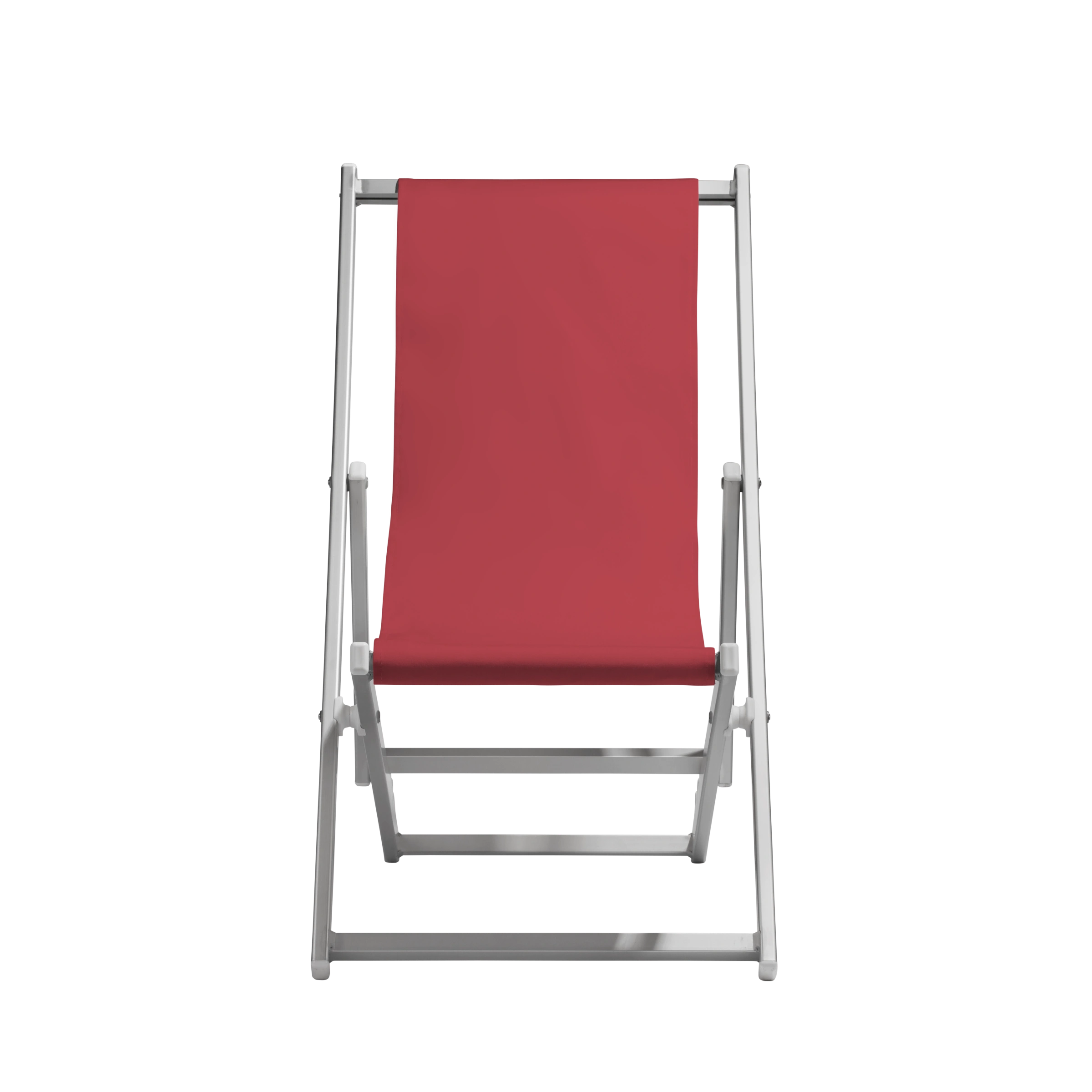Liegestuhl Quentin aus silbernem Aluminium mit Bezug in rot, Frontalansicht
#Alu | Liegefläche (Farbe)_rot