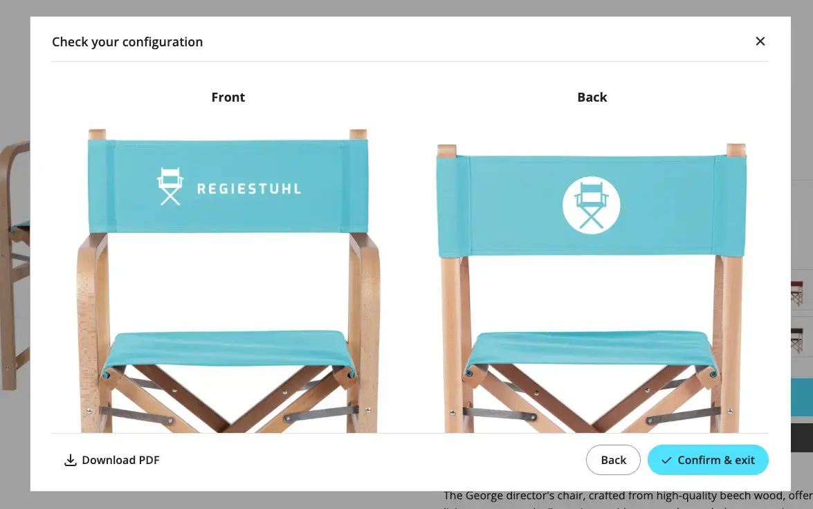 Print preview of a natural colored chair with turquoise fabric and a double-sided print of the white Regiestuhl logo.