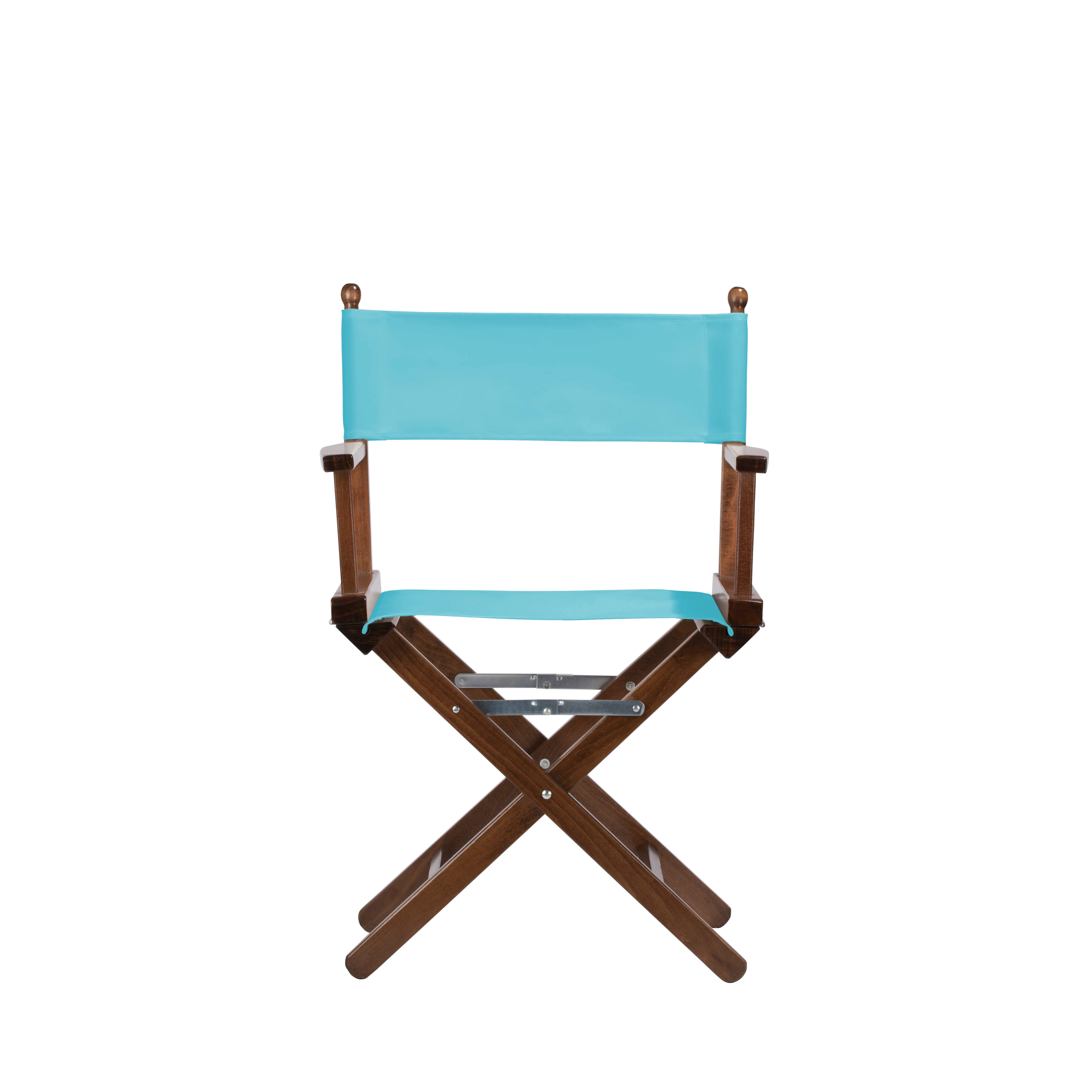 Regiestuhl Alfred aus braunem Buchenholz mit hellblauem Bezug, Frontalansicht
#Classic | Set (Farbe)_hellblau