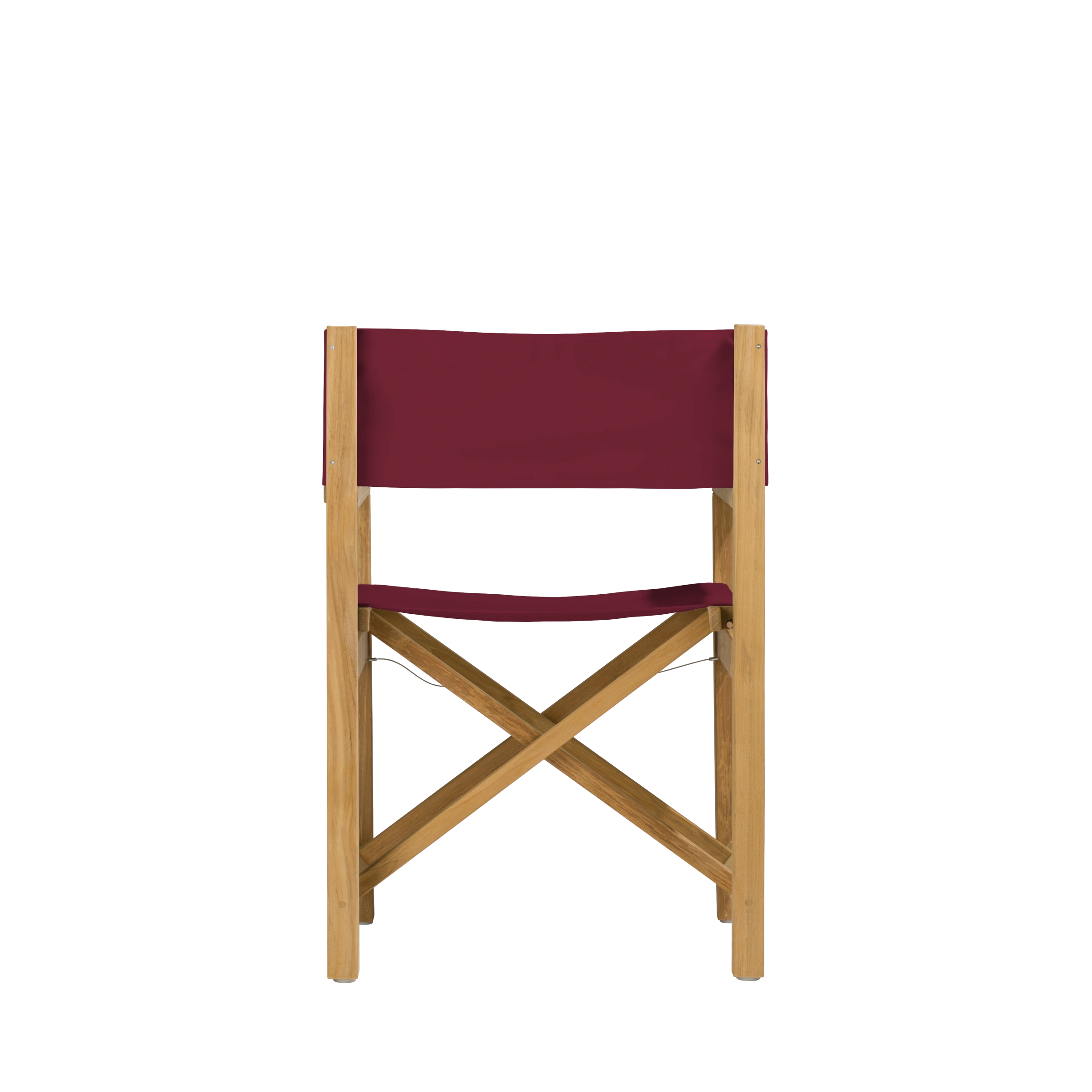 Regiestuhl Cabin aus Teakholz mit Bezug in bordeaux, Rückansicht #stofffarbe_Weishäupl Bordeaux