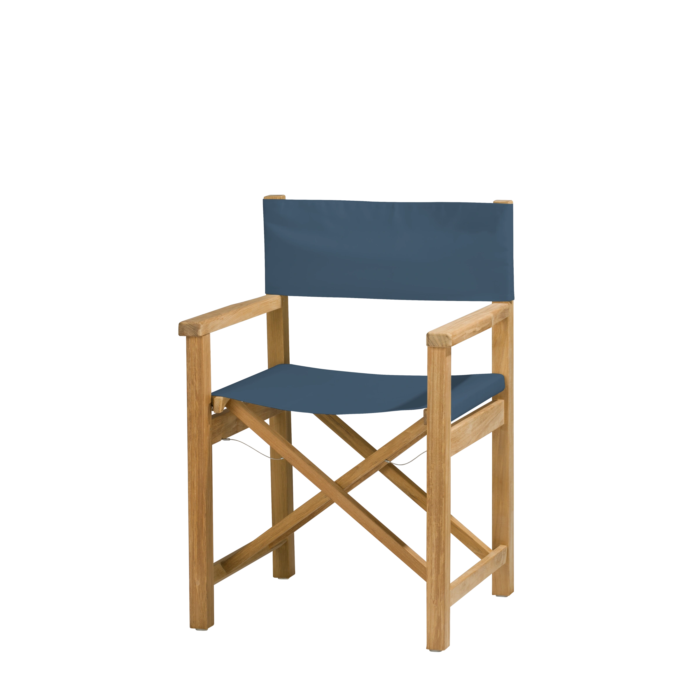 Regiestuhl Cabin aus Teakholz mit Bezug in taubenblau, Seitenansicht #stofffarbe_Weishäupl Taubenblau