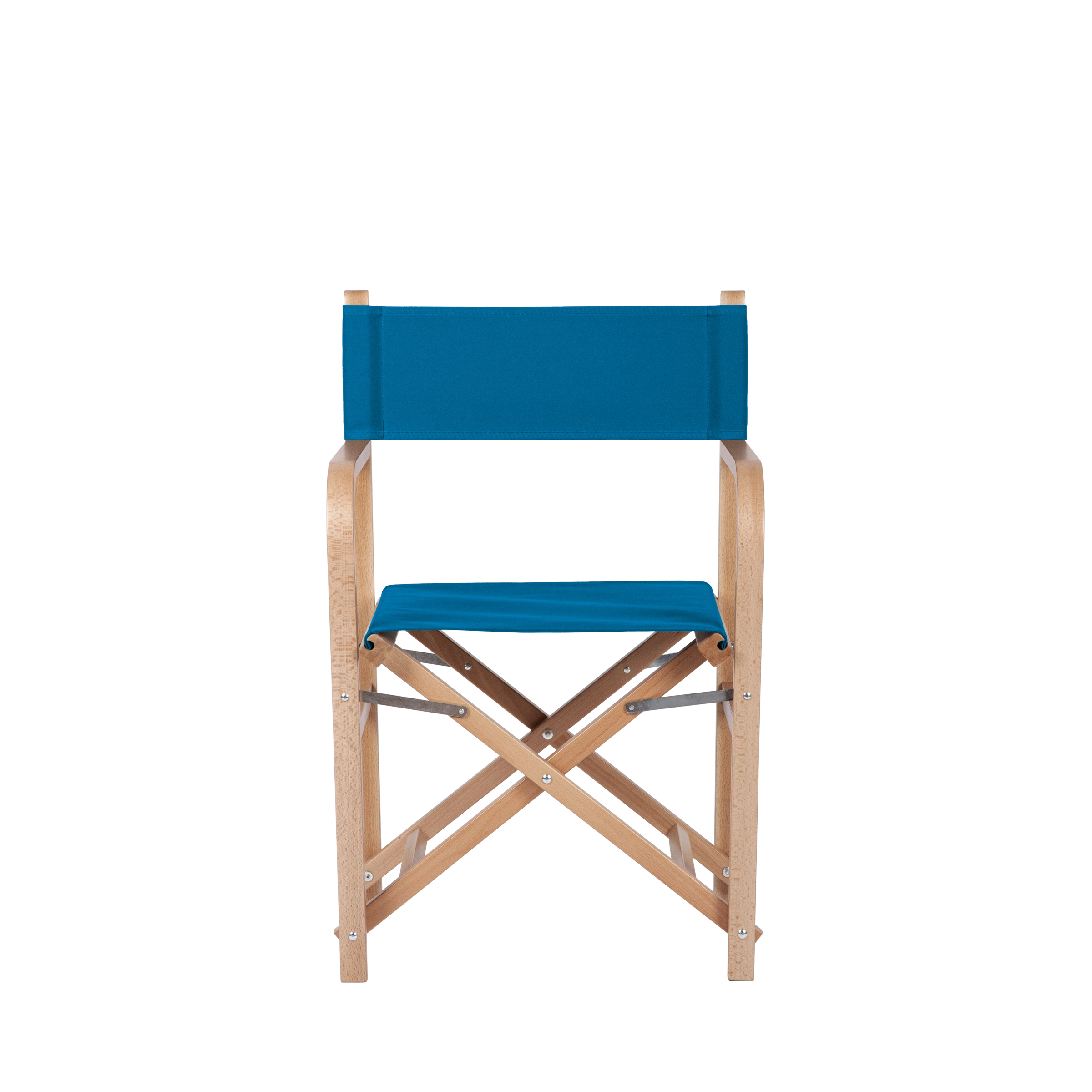 Regiestuhl George aus naturfarbenem Buchenholz mit blauem Bezug, Frontalansicht
#Classic | Set (Farbe)_blau