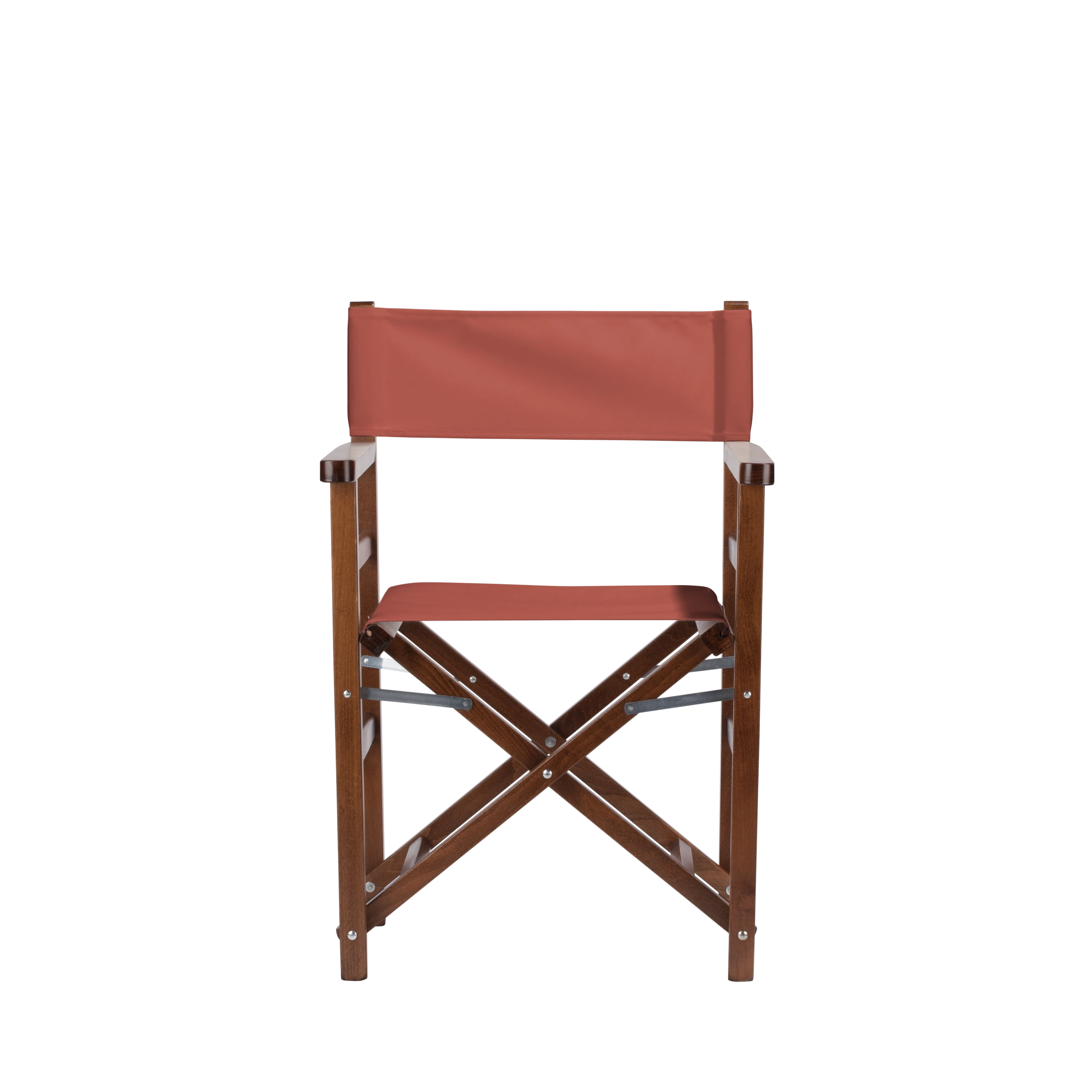 Regiestuhl Oscar aus braunem Buchenholz mit Bezug in terracotta, Frontalansicht
#Classic | Set (Farbe)_terracotta