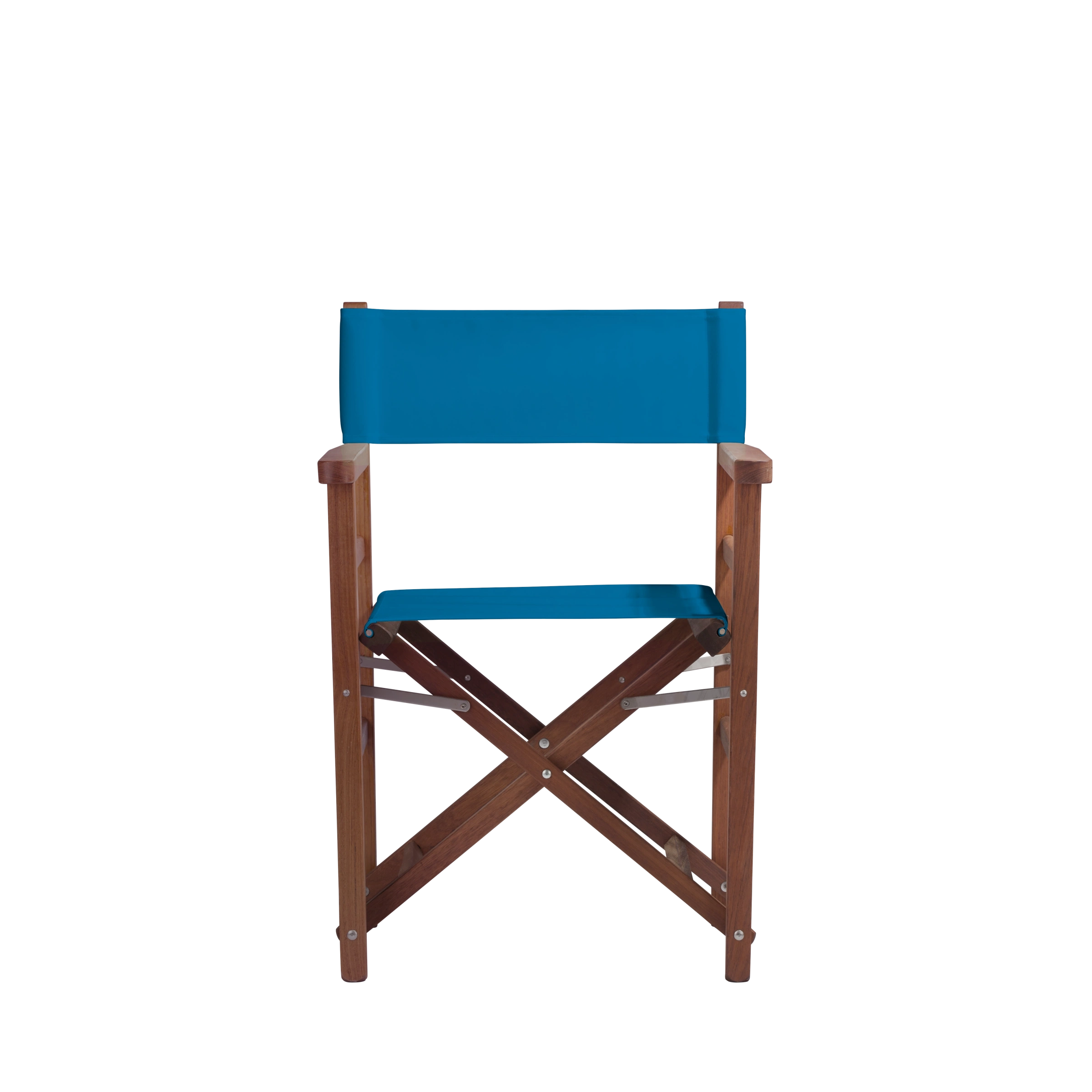 Regiestuhl Oscar aus Iroko-Holz Buchenholz mit blauem Bezug, Frontalansicht
#Classic | Set (Farbe)_blau