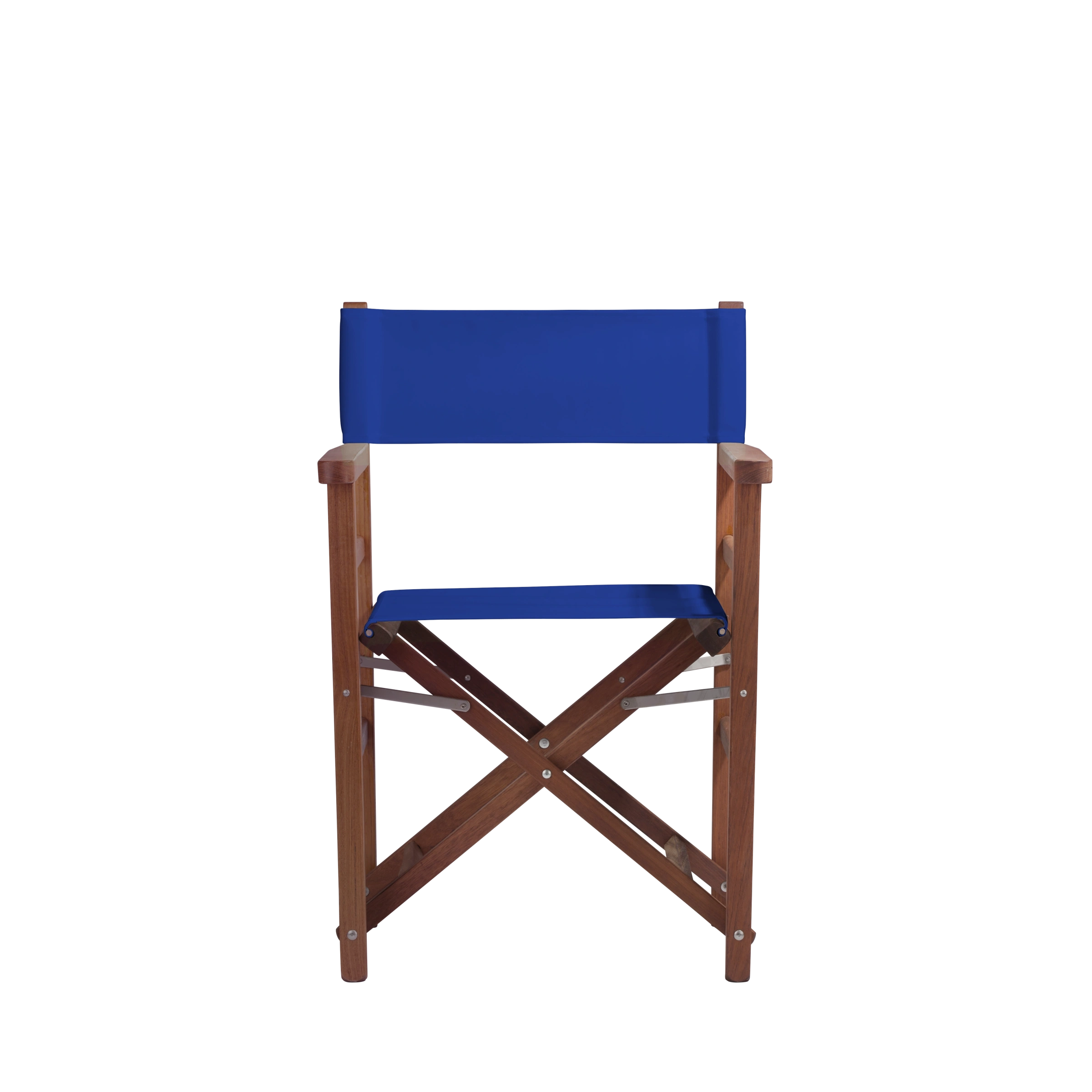 Regiestuhl Oscar aus Iroko-Holz Buchenholz mit dunkelblauem Bezug, Frontalansicht
#Classic | Set (Farbe)_dunkelblau